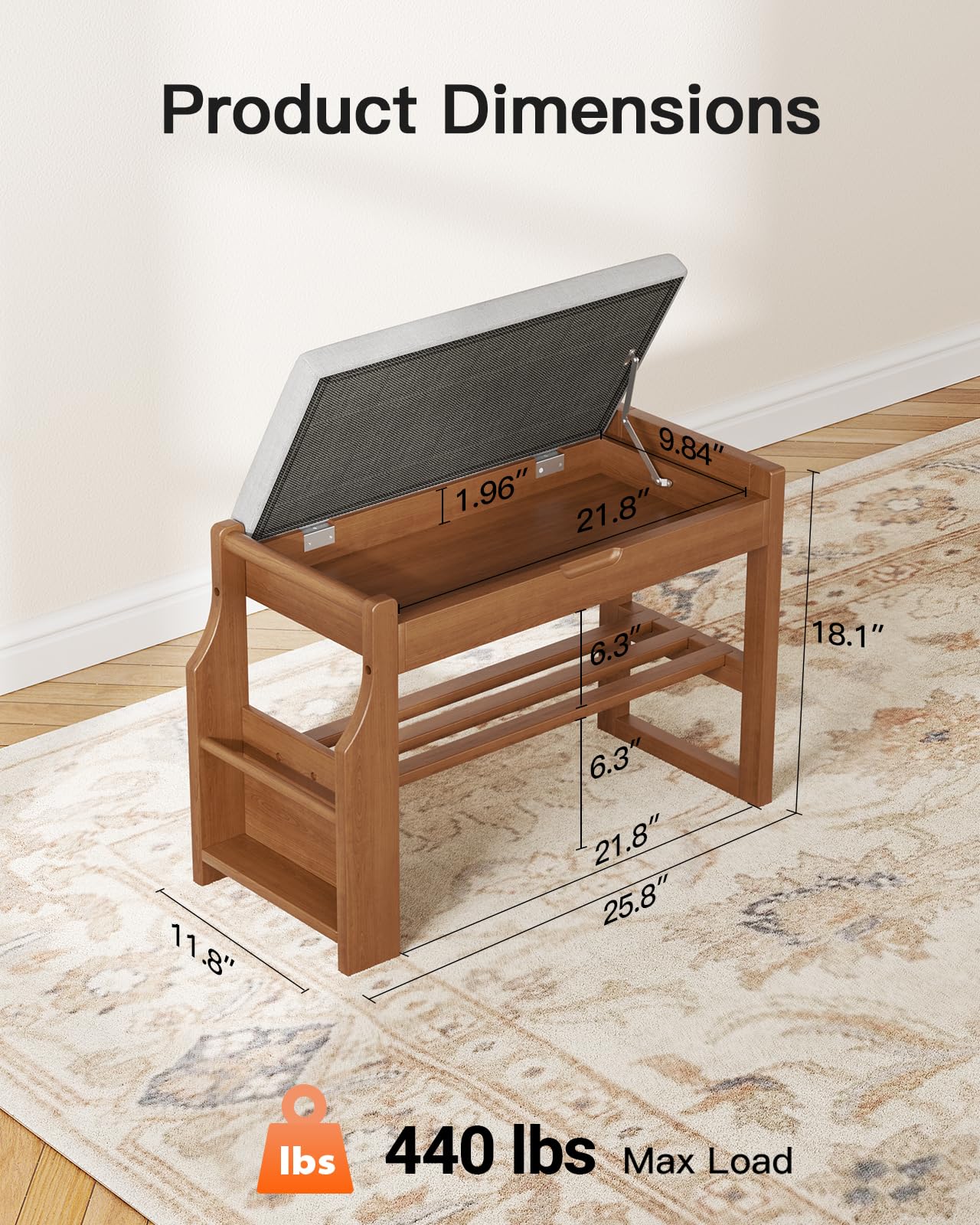 Pipishell 26″ Solid Pine Wood Shoe Rack Bench with Soft Cushion, 2 Tiers Shoe Storage Organizer with Lift-Top Storage and Side Holder, Holds up to 440 lbs, Shoe Bench for Entryway, Hallway, Bedroom