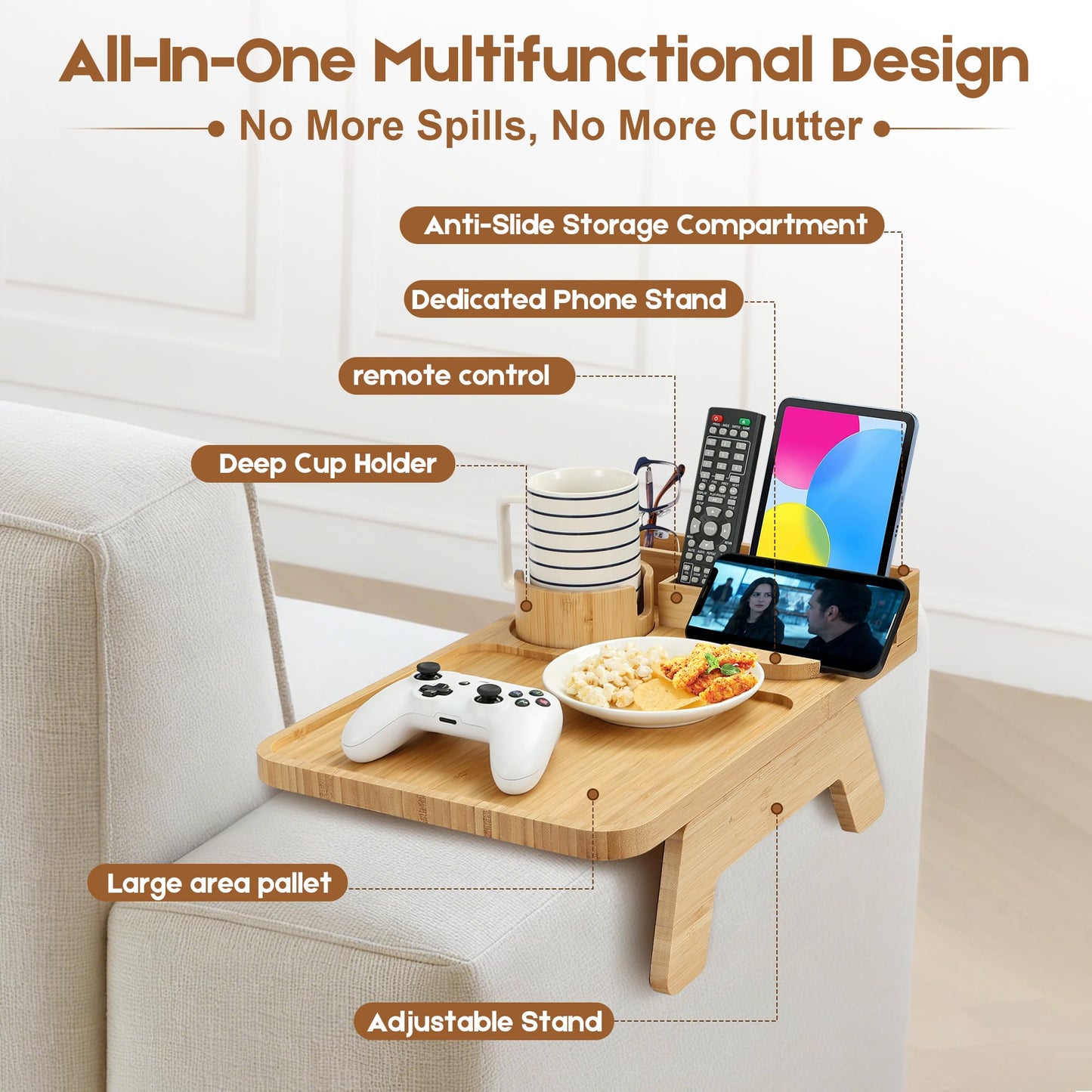 Premium Bamboo Sofa Arm Tray - Couch Armrest Table with Cup Holder, Phone Stand & Storage Compartment, Non-Slip Snack Tray for Living Room, Bedroom, Fits Most Sofa Armrests