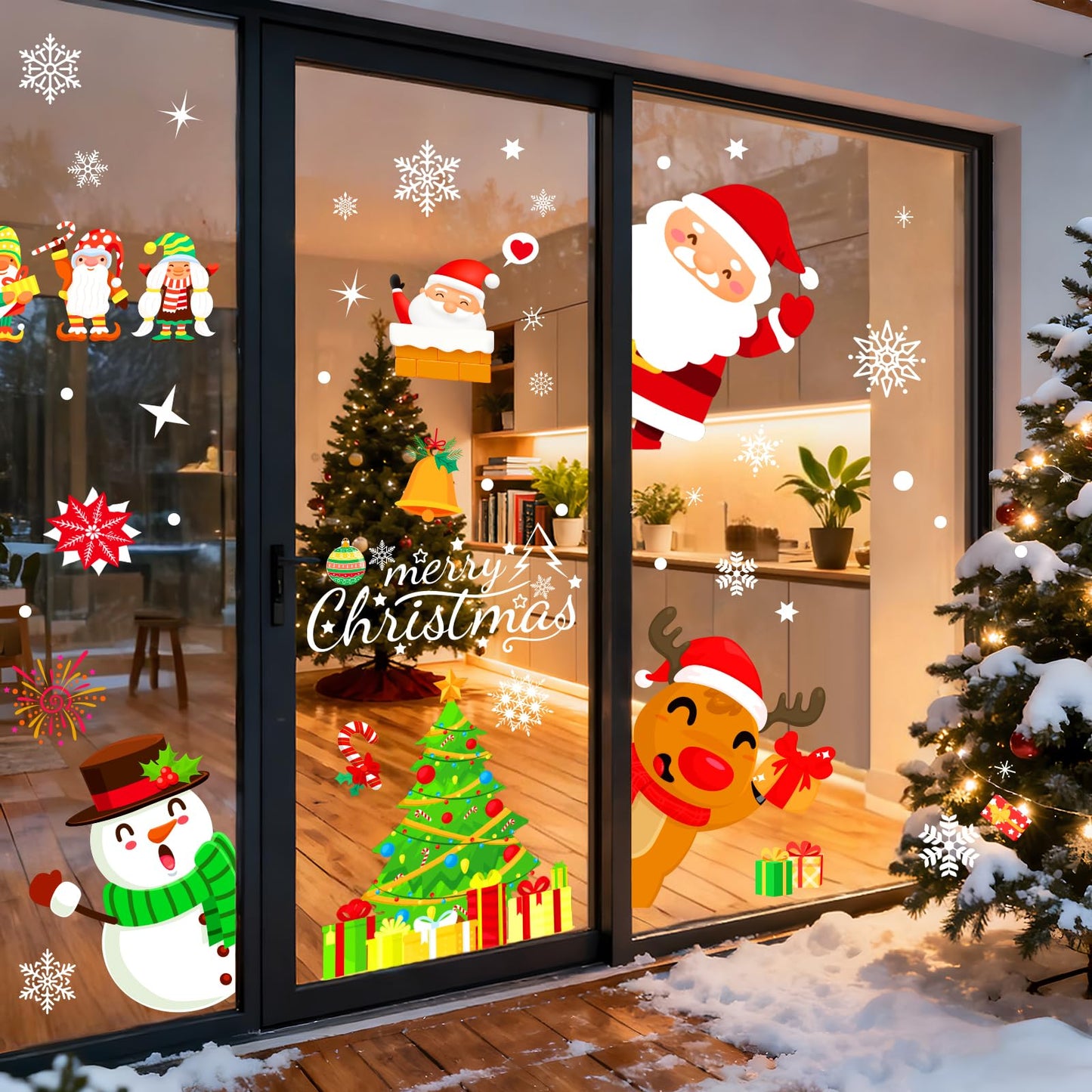 9 Sheets 200+Pcs Christmas Window Stickers Xmas Decals Decorations for Glass Snowflake Santa Claus Reindeer Window Cling Sticker for Holiday