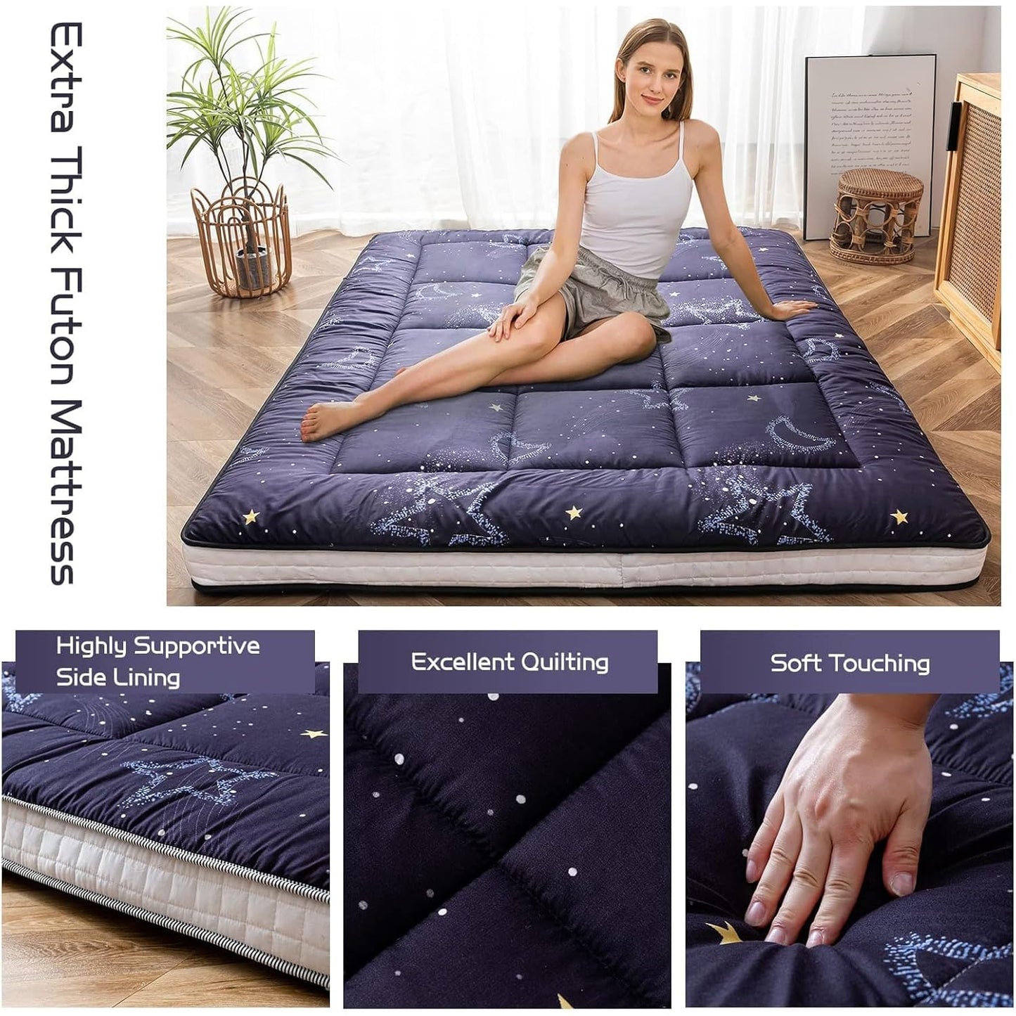 MAXYOYO Black Moon and Star Futon Mattress, Japanese Floor Mattress Quilted Mattress Topper, Extra Thick Folding Sleeping Pad Breathable Floor Lounger Guest Couch for Camping, King
