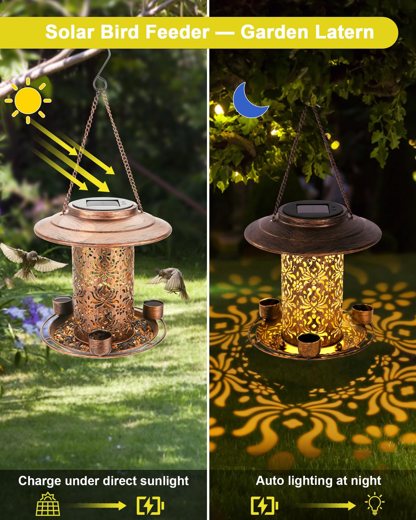 Dosevita Solar Bird Feeders for Outdoors, Metal Hanging Bird Feeder with 3 Water Cups,Rust Resistant, Solar Garden Lantern for Outdoors Decor,The Perfect Choice for Gift(2.5LB)