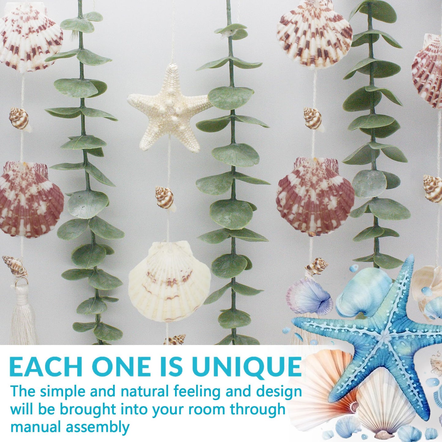 Artificial Eucalyptus Wall Decor with Seashell Coastal Decor Natural Home Decorations Hanging Wooden Bead Garland for Large Bedroom Bathroom Living Room, 32 x 32 Inch