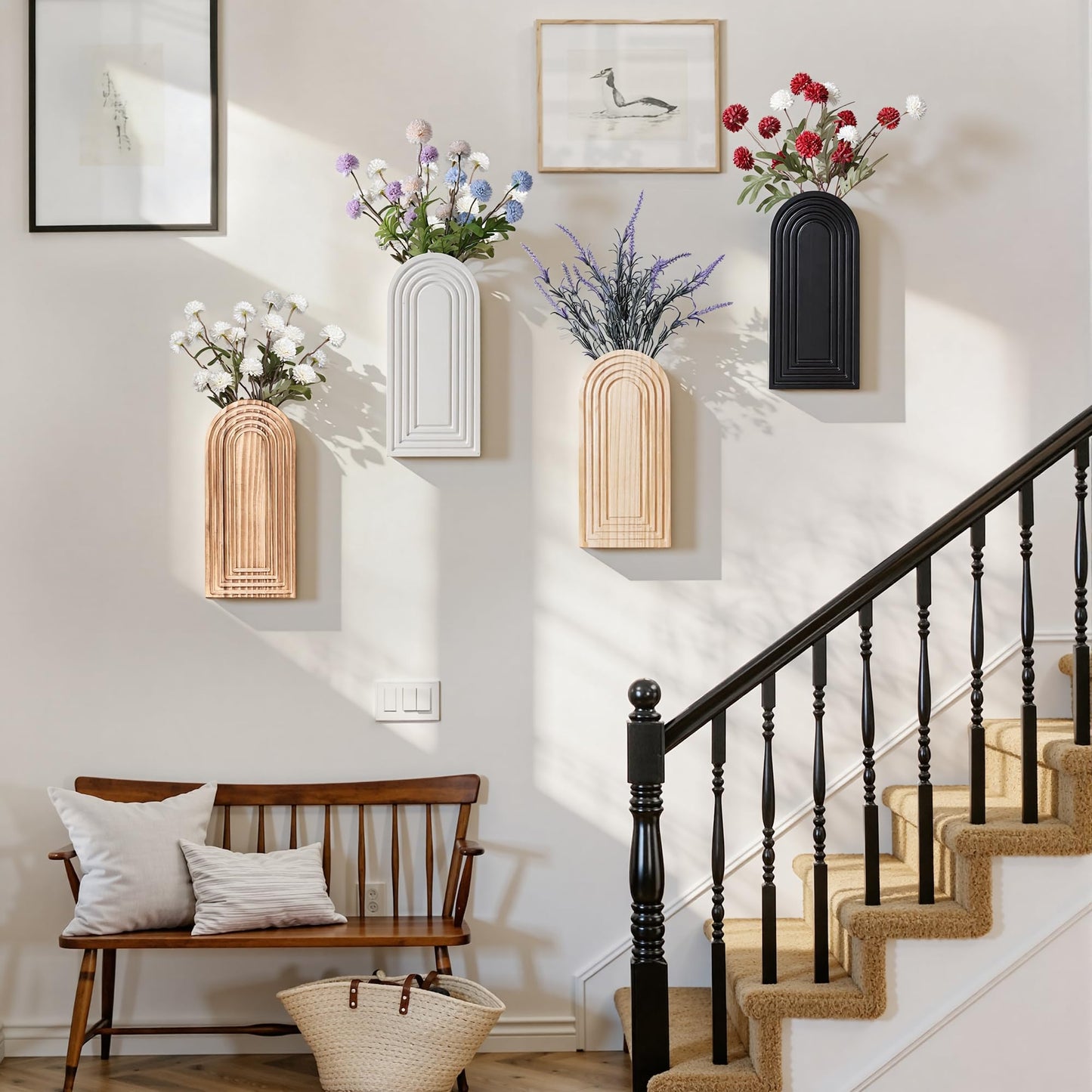 Wooden Wall Vase Set of 2, Wall Hanging Planter Modern Farmhouse Wall Decor for Boho Wall Decor for Indoor Entryway Hallway Bathroom Living Room Dining Room