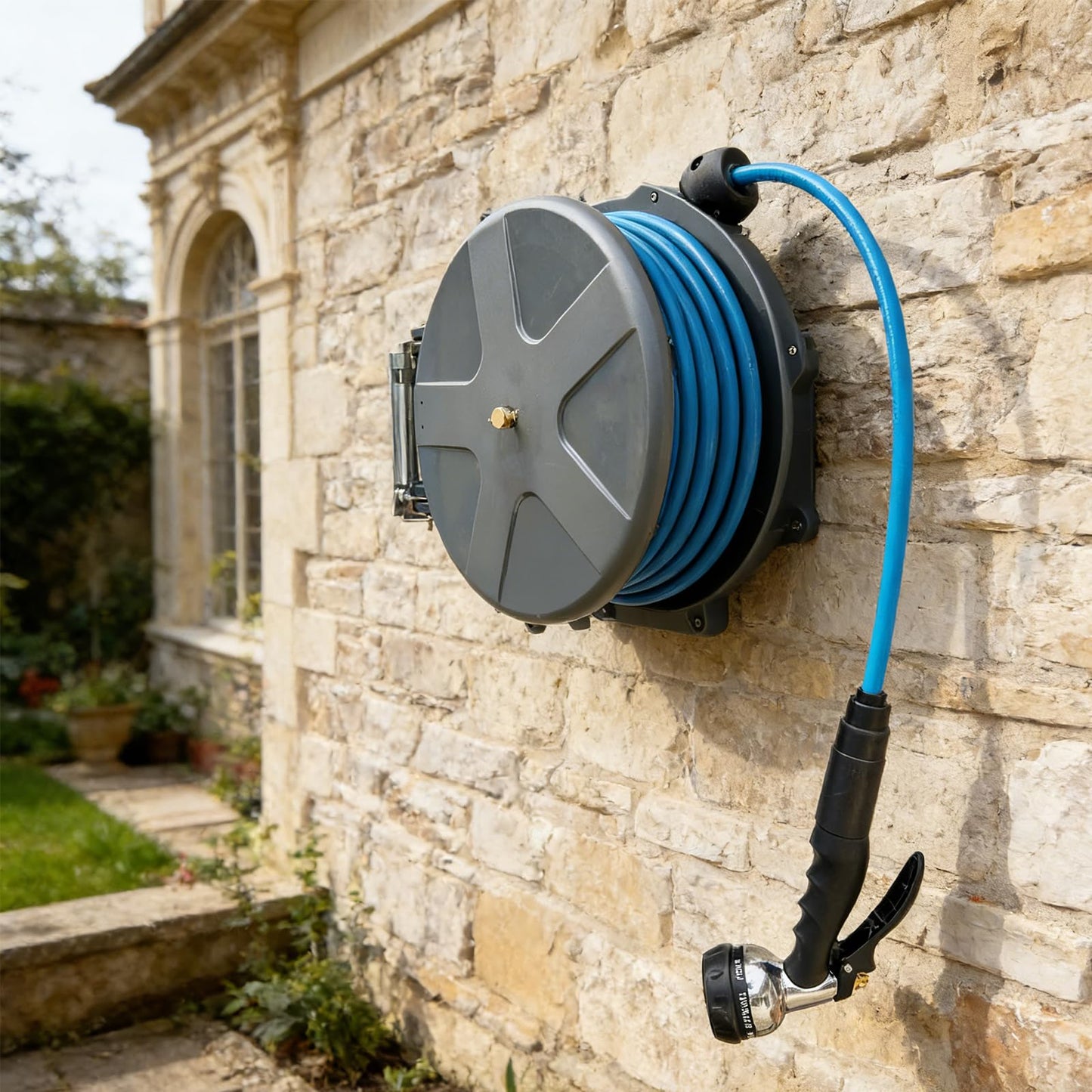 Maxcarl Retractable Water Hose Reel 1/2 in x 65 ft with Spray Gun, Wall Mounted High Pressure Hose Reel