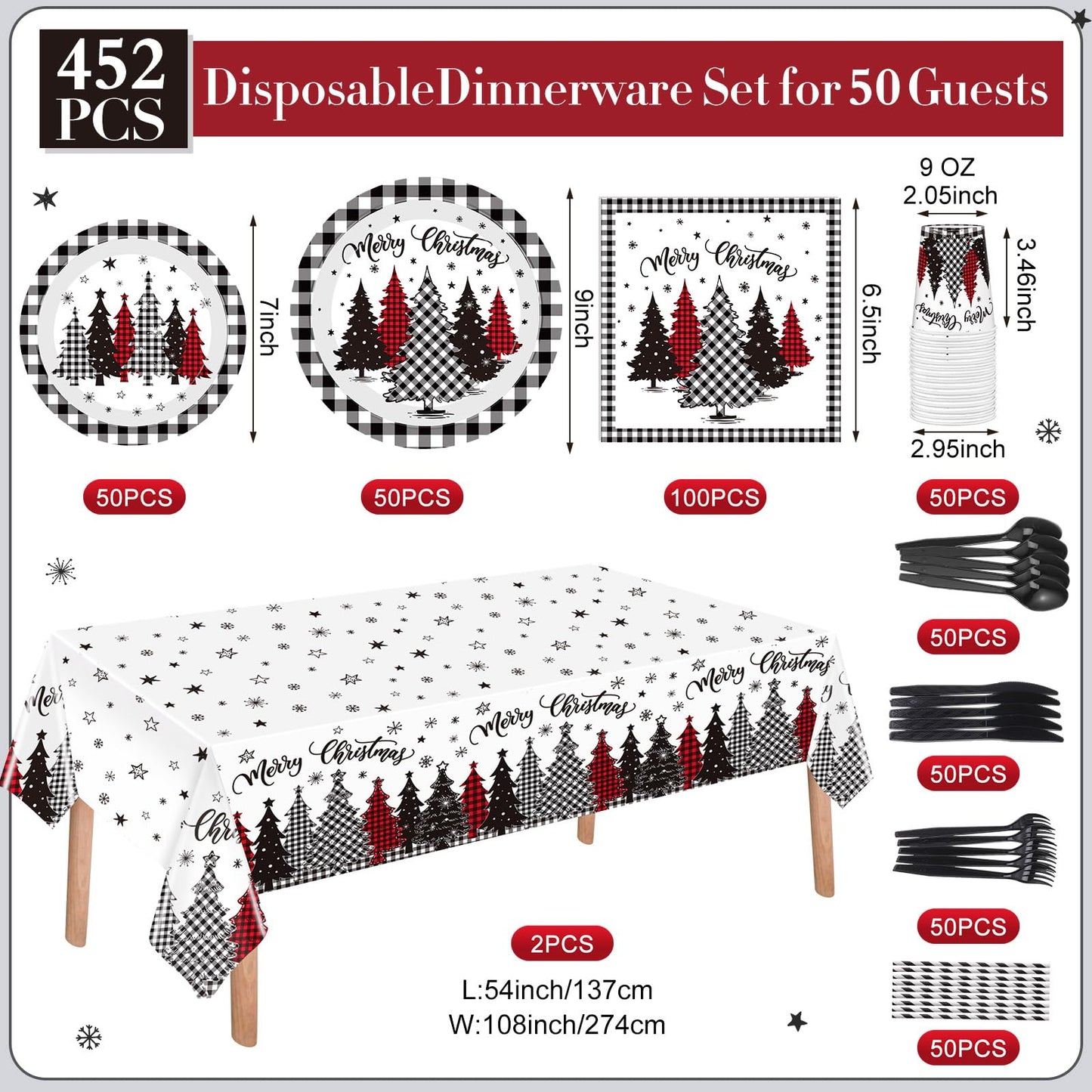 Funnymoom 452 Pcs Christmas Tree Party Supplies for 50, Black Buffalo Plaid Gingham Christmas Paper Plates Napkins Cups Tablecloth Cutlery Straws Tableware Set for Xmas Holiday Party Decorations