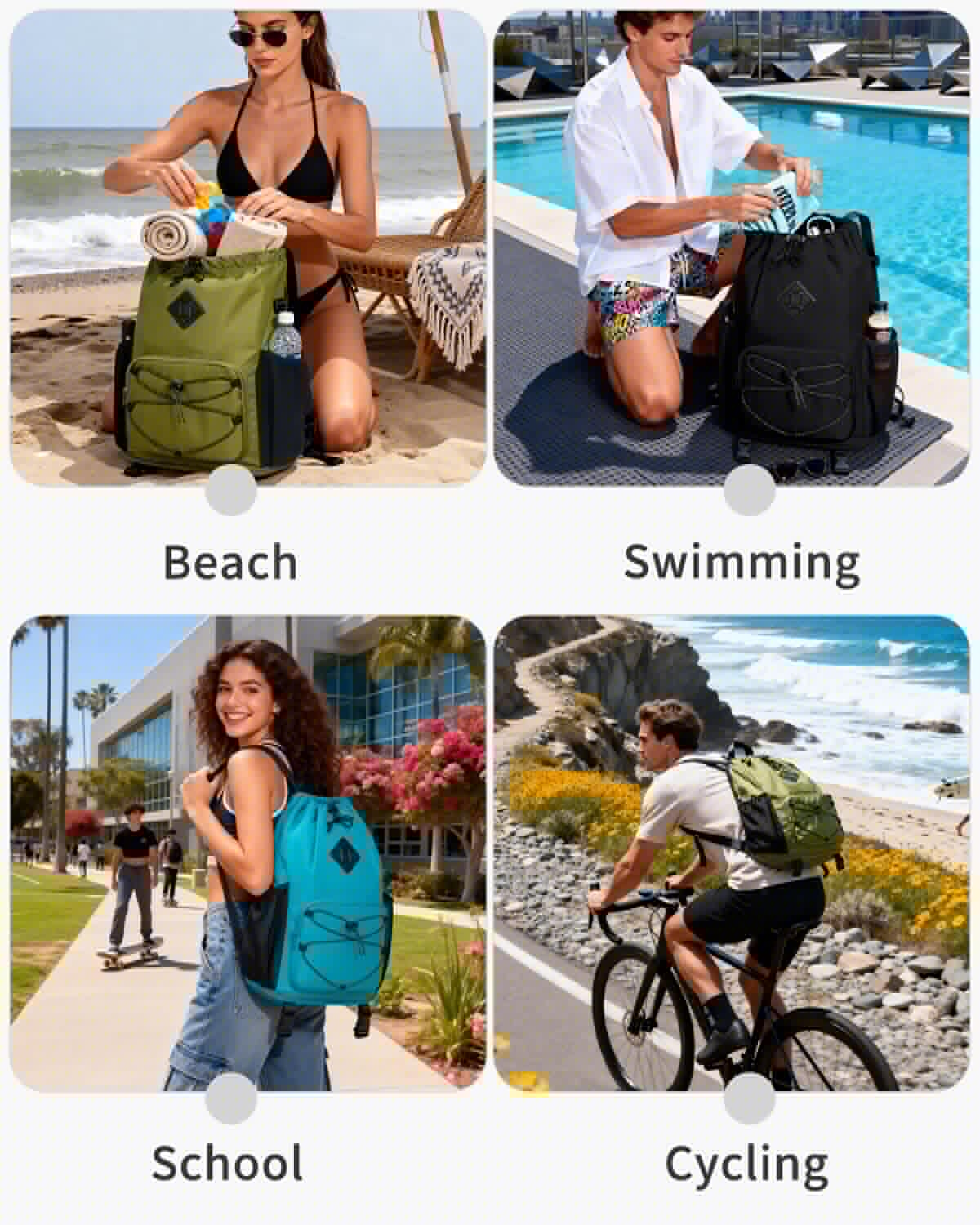 WANDF Drawstring Backpack with Removable Wet Pocket, Sandproof Beach Backpack with Bottom Compression Strap for Beach Mat, Swim Bag for Pool, Gym, Travel and Workout Gear (Dark Green)
