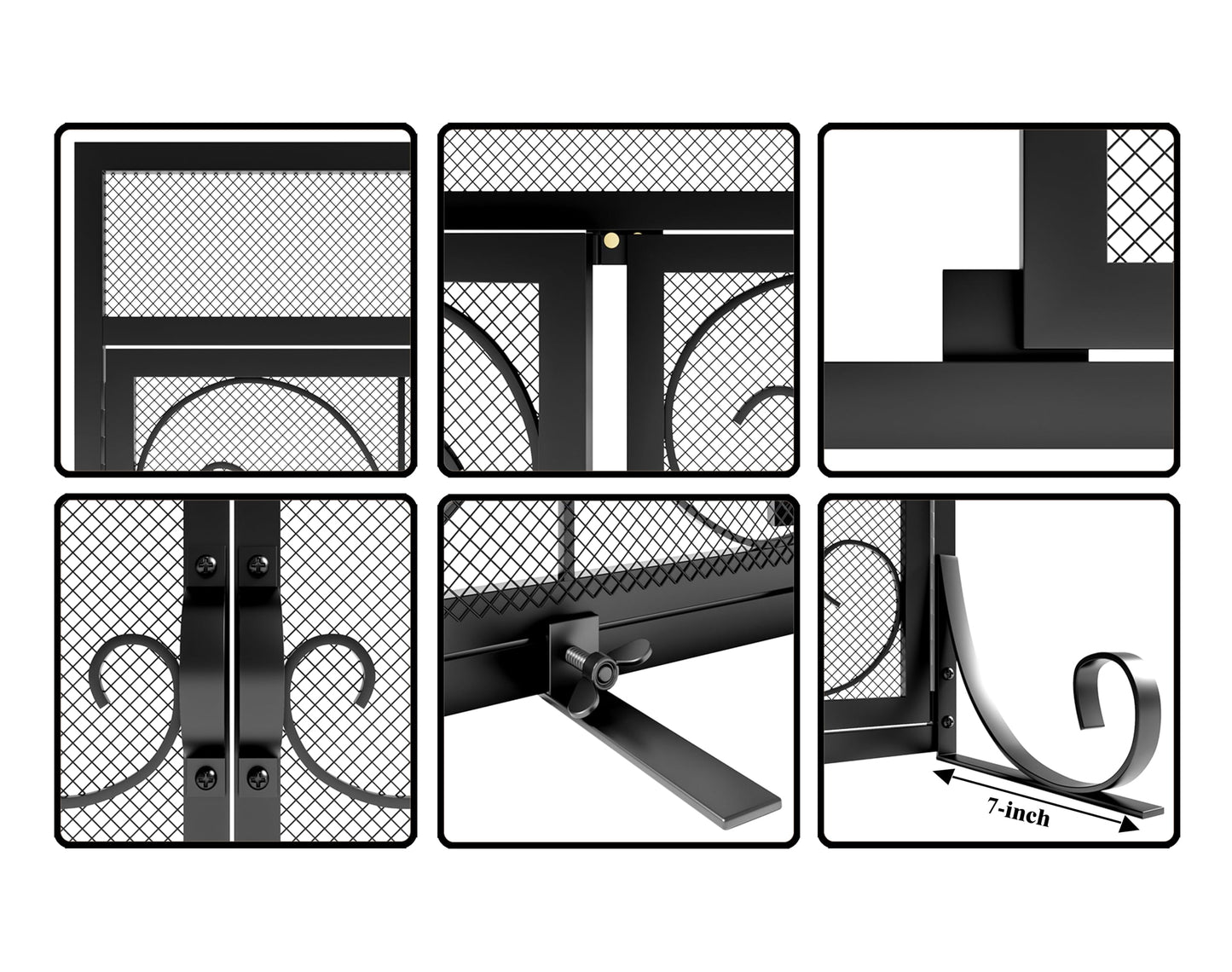 Calidola Large Flat Fireplace Screen with Doors, Wrought Iron Frame with Metal Mesh, Flat Panel Decorative Fireplace Screen with Scroll Design, Free Standing Spark Guard,Black