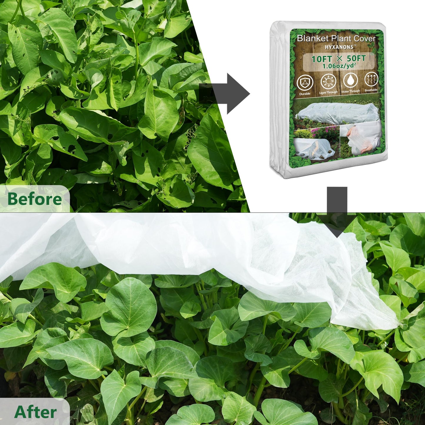 Hyxanons 10 * 50FT Plant Covers Freeze Protection, 1.06 oz/yd² Large Thick Floating Row Cover Fabric for Winter Frost Protection, White Blanket Cloth for Outdoor Garden Vegetables in Cold Weather
