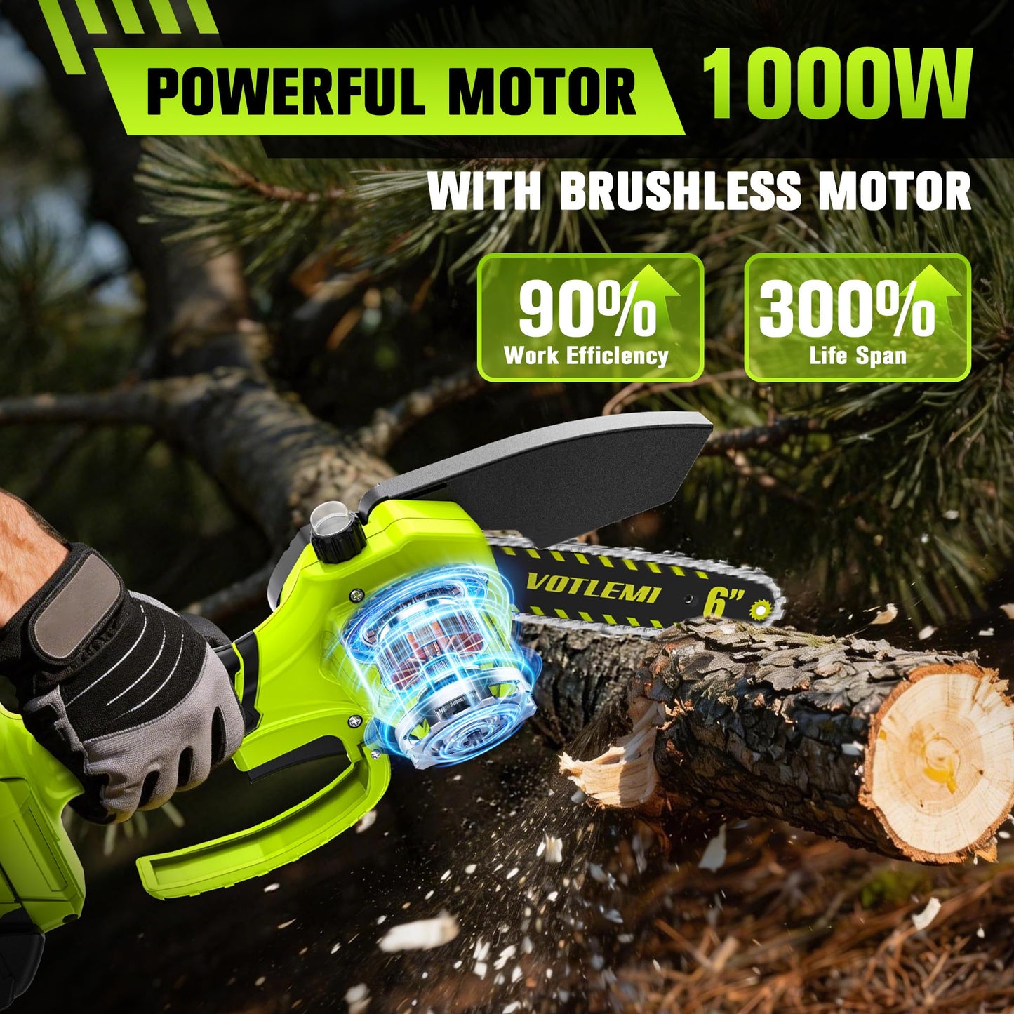 VOTLEMI Mini Chainsaw Cordless, 6 Inch Electric Chainsaw with 2000MAH Battery, 1000W Handheld Battery Powered Chain Saw with Auto Oiler, Gifts for Wood Cutting/Tree Trimming