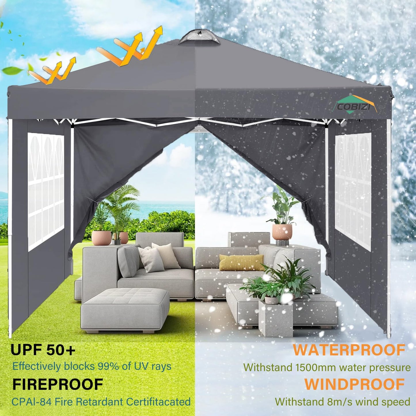 COBIZI 10x10 Pop Up Canopy Tent, One Push Outdoor Gazebo with 4 Removable Sidewalls & Air Vent, Waterproof Commercial Easy Up Adjustable Canopy with 4 Sandbags, 4 Stakes & 8 Ropes for Party,Grey