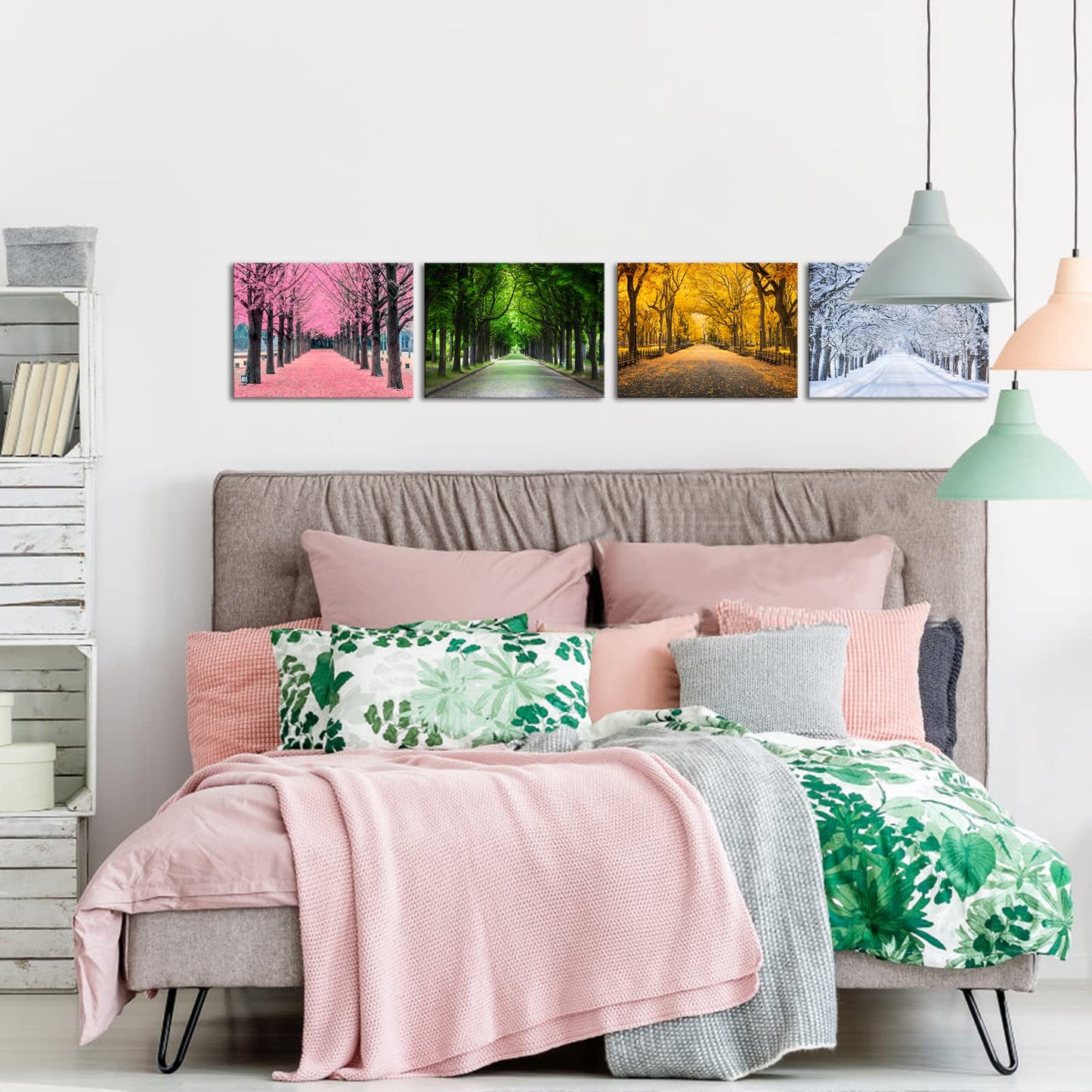 iLOOKLiKE 4 Panels Colorful Trees Canvas Wall Art Four Season Picture Prints Spring Summer Fall Winter Nature Scenery Mural Painting for Living Room Bedroom Ready to Hang 12x16inchx4pcs