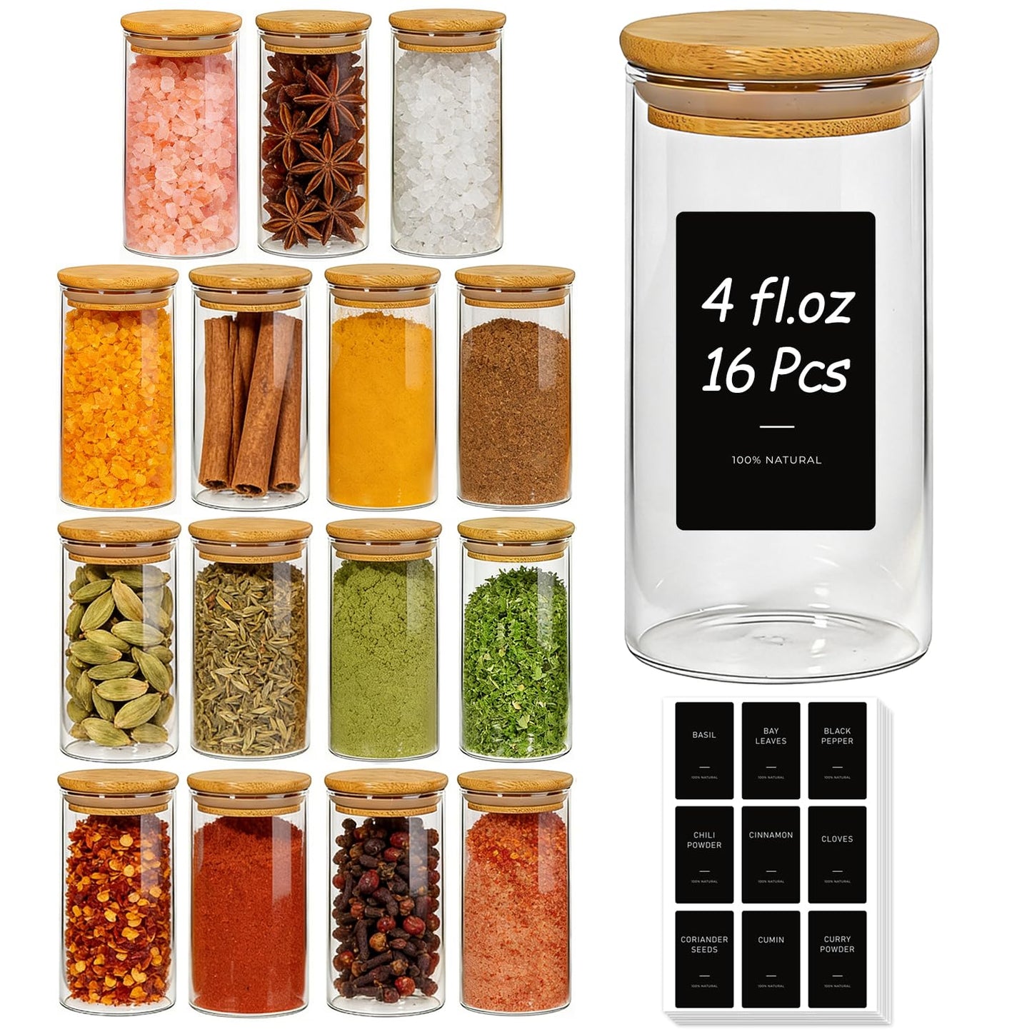ComSaf Spice Jars with Label 4oz 16 Pack, Glass Spice Jars with Bamboo Lid, Mini Seasoning Containers with 54 Black Labels, Stackable for Kitchen, Pantry Organization, Loose Tea, Herbs, Powders, Salt