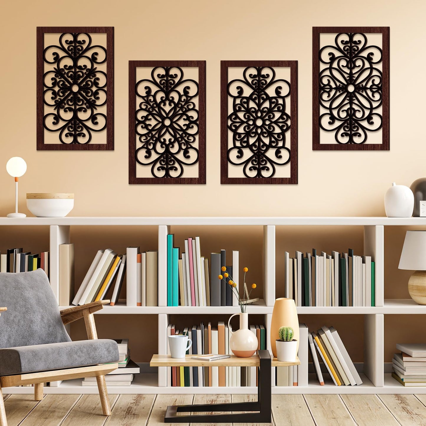 Yulejo 4 Pieces Thicken Rustic Wall Decor Modern Farmhouse Wall Art Decor Wooden Hollow Carved Design Rustic Art for Living Room Hallway Office Kitchen Decoration