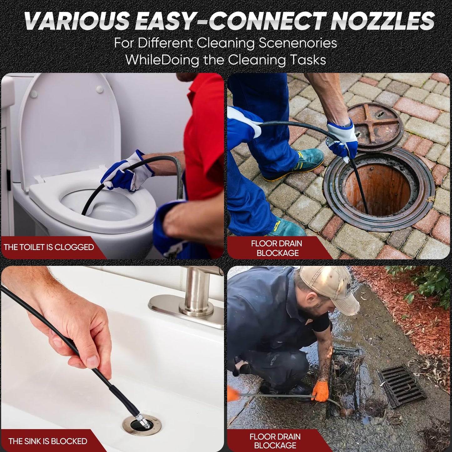 Ampvolts 100FT Sewer Jetter Kit for Pressure Washer, 5800 PSI Drain Cleaning Hose with 5 Jet Nozzles & 2 Adapters, Compatible with Spray Guns and Power Washers, Ideal for Clogged Pipes and Drains