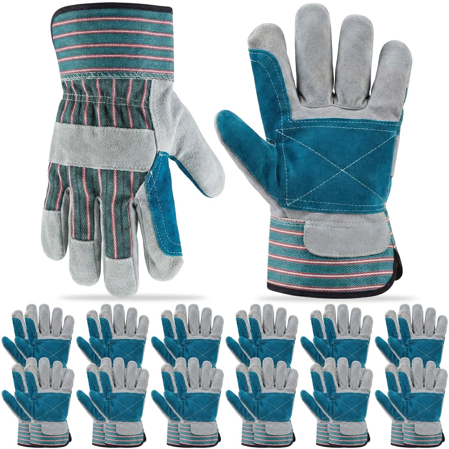 Ferrochef 12 Pairs Leather Work Gloves Bulk for Men Women Heavy Duty Leather Yard Gardening Gloves with Reinforced Palms Safety Cuff (Blue)