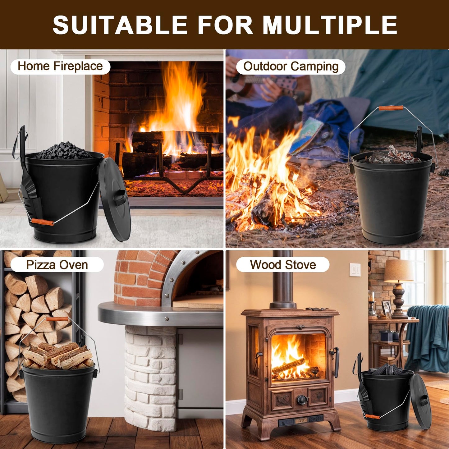 F2C 5.5 Gallon Large Ash Bucket with Lid and Shovel Fireplace Tool Set,Galvanized Metal Coal and Hot Ash Pail for Fireplace, Fire Pits, Wood Burning Stoves, Grill, Outdoor,Home Black