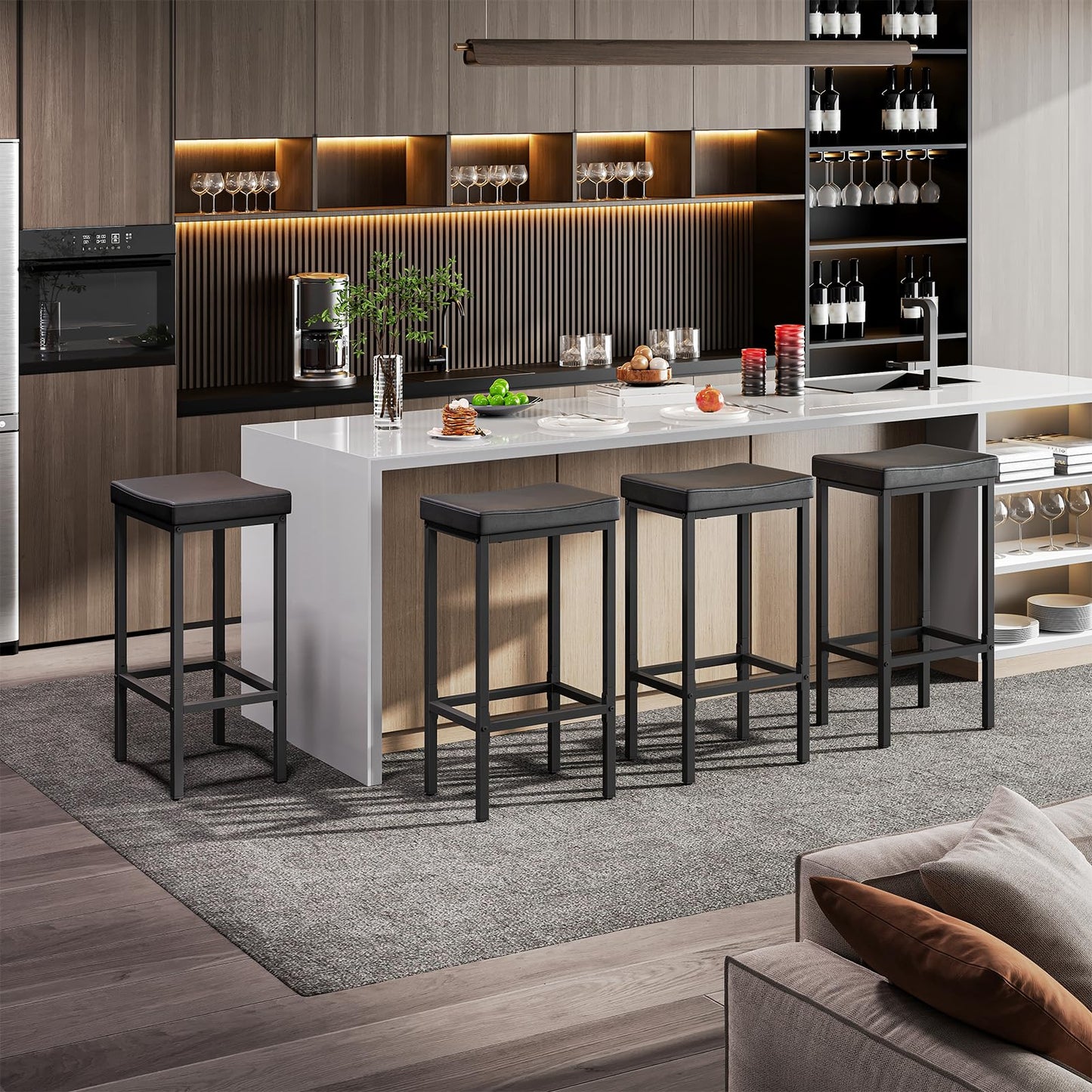 HOOBRO Bar Stools, Set of 2 Bar Chairs, Counter Height Stools, Saddle Barstools with Curved Surface, 24.8 Inches, 2.4" Thick Upholstery, for Kitchen, Dining Room, Cafe Black BB10BY01