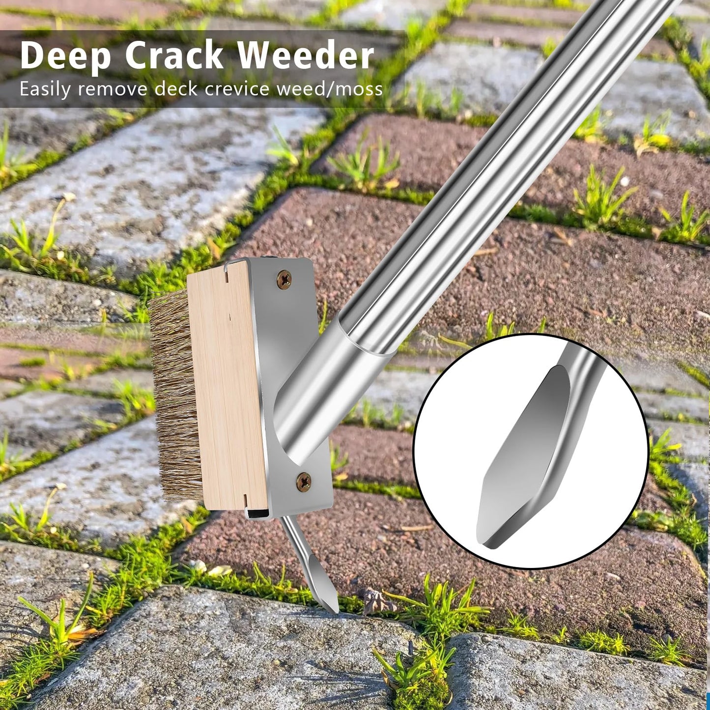 GHWMYD Crack Weeder Brush Heavy Duty Wire Broom Set, Multifunction Moss Grout Remover with Scraper Weed Puller, Detachable 64.9in Handle for Outdoor Deck Pavers Patios Walkways Concrete Floor Cleaning