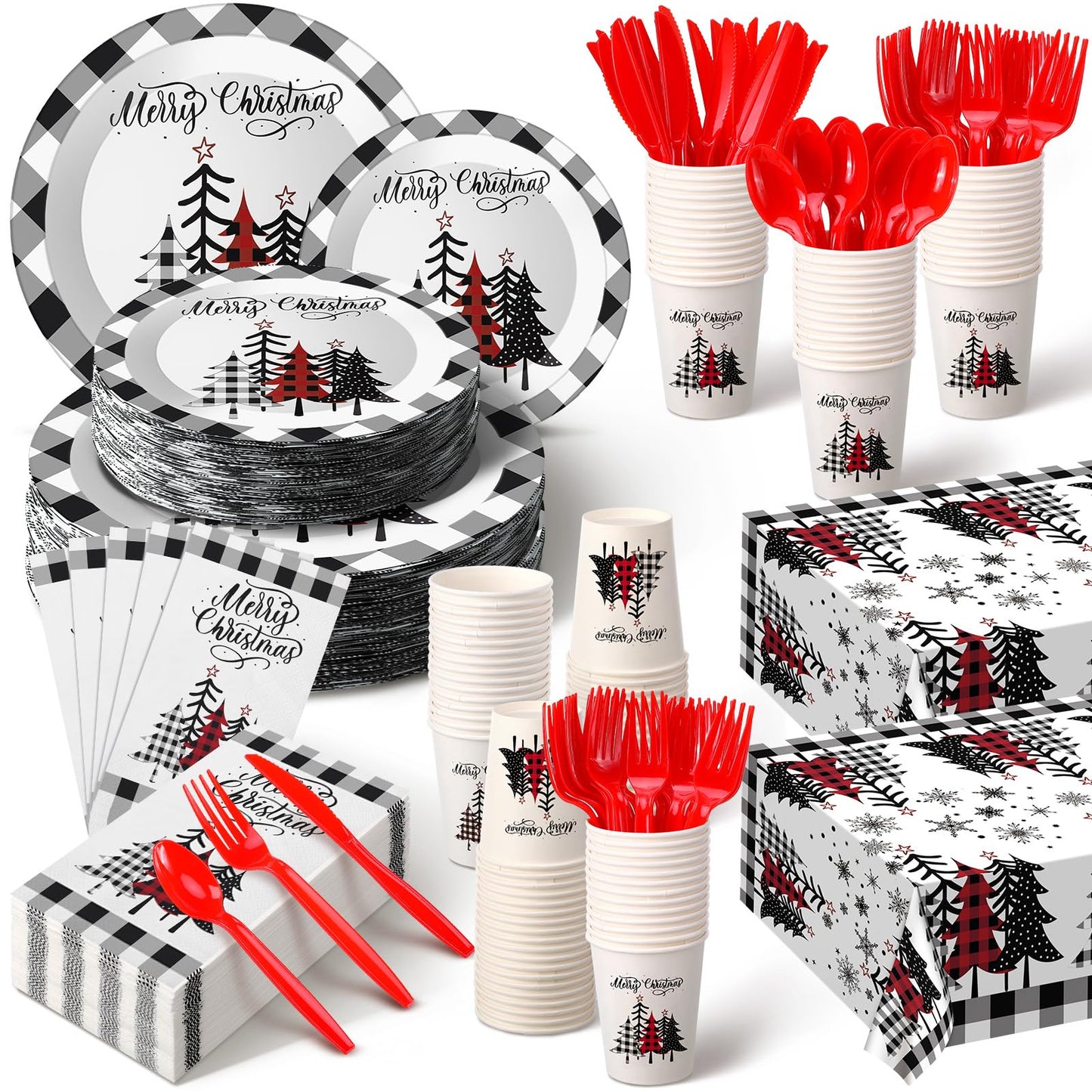 Dandat 402 Pcs Disposable Party Supplies - Christmas Plates Napkins Cups Tablecloth for Holiday Xmas (Black White, Christmas Tree)
