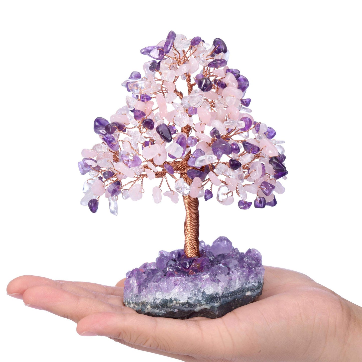 Jovivi Natural Amethyst + Clear Quartz + Rose Quartz Healing Crystal Money Tree on Amethyst Cluster Geode Druzy Base Feng Shui Crystals for Home Office Desk Decorations, Wealth, Good Luck
