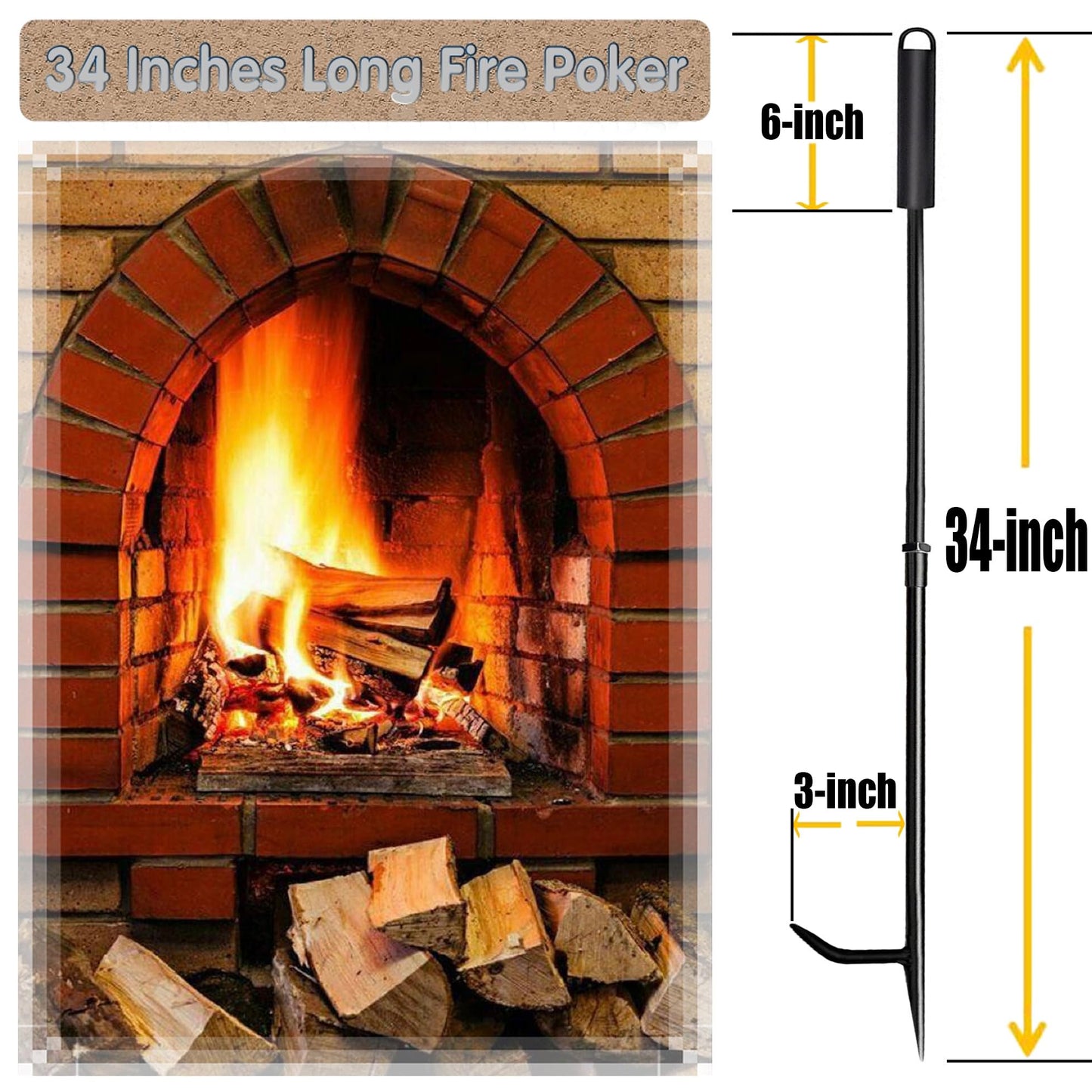 Fire Poker for Fire Pit, Heavy Duty 34-Inch Solid Steel Fireplace Poker, Portable Removable Design Poker Fire Poker for Fire Pit Outdoor Fireplaces Solo Stove Campfires & Indoor Use