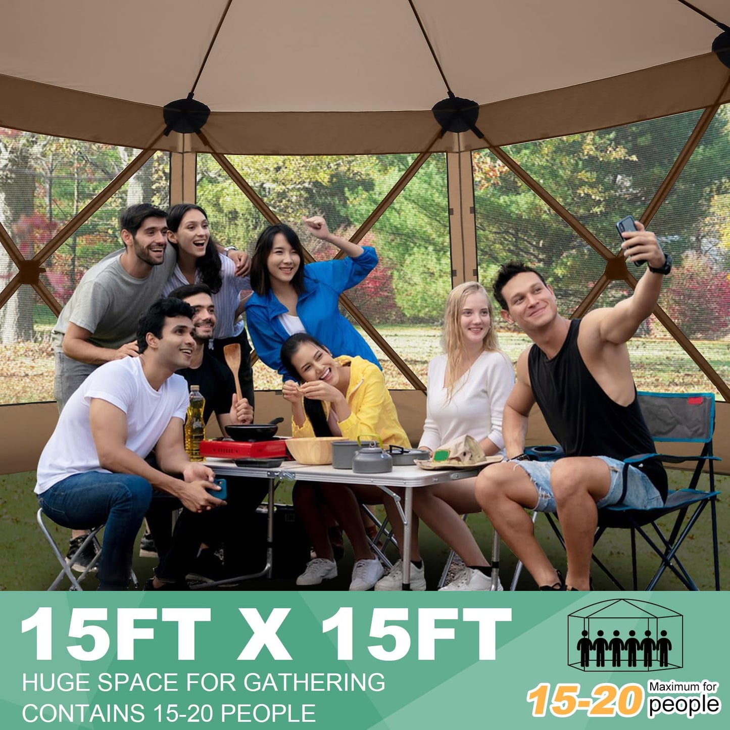 COBIZI 15x15 FT Pop Up Gazebo - Canopy Tent, Large Gazebos On Clearance, Hot tub Screened in Gazebo,carpas para Patio,Portable Screen Tents for 12-15 Persons Outdoor Camping, Backyard, Khaki