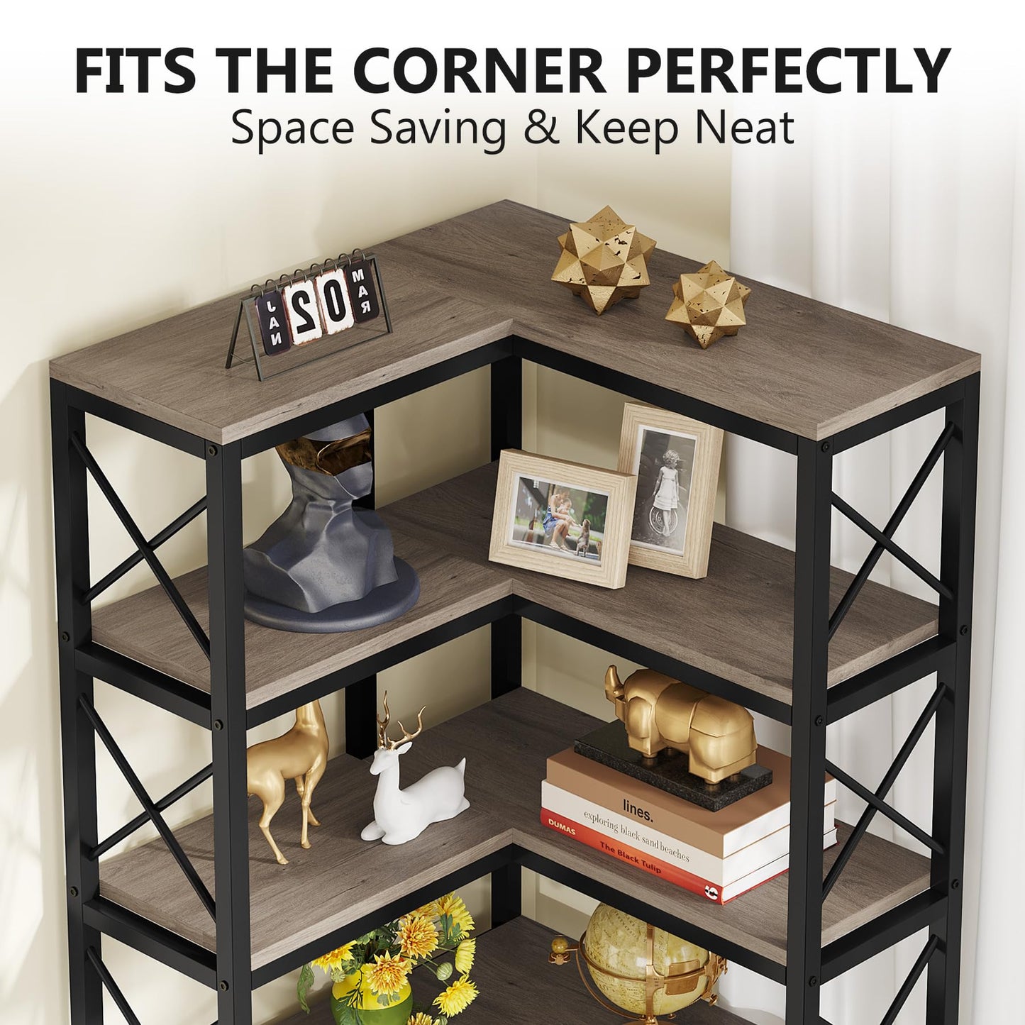 Tribesigns 7-Shelf Corner Bookshelf,Large Modern Corner Bookcase, 7-Tier Tall Corner Shelf Storage Display Rack with Metal Frame for Living Room Home Office (Grey)