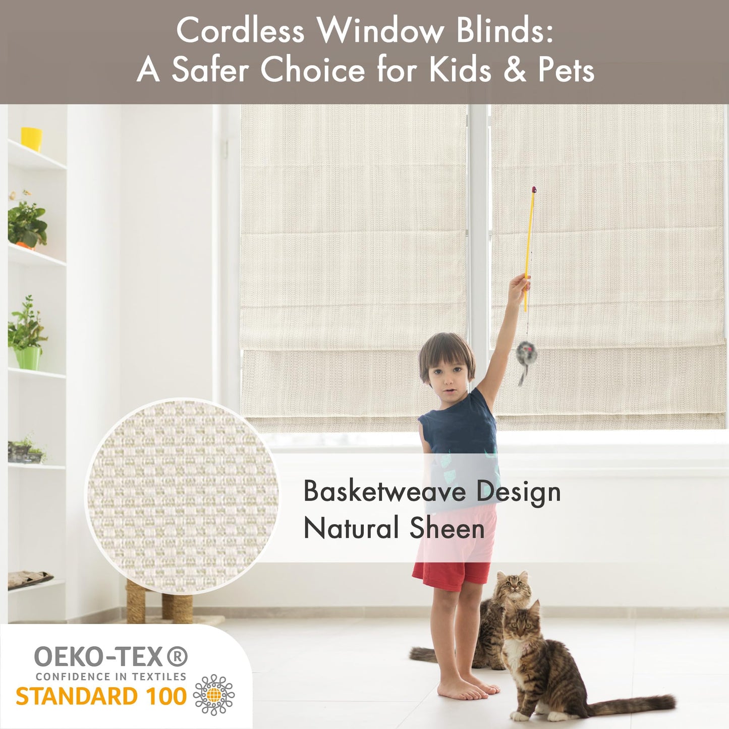 Madison Park Galen Cordless Roman Shade, 34"W x 64"H, Sheen Ivory – Room Darkening, Thermal Insulated, Energy Efficient Window Blind with Subtle Sheen Basketweave Fabric for Privacy
