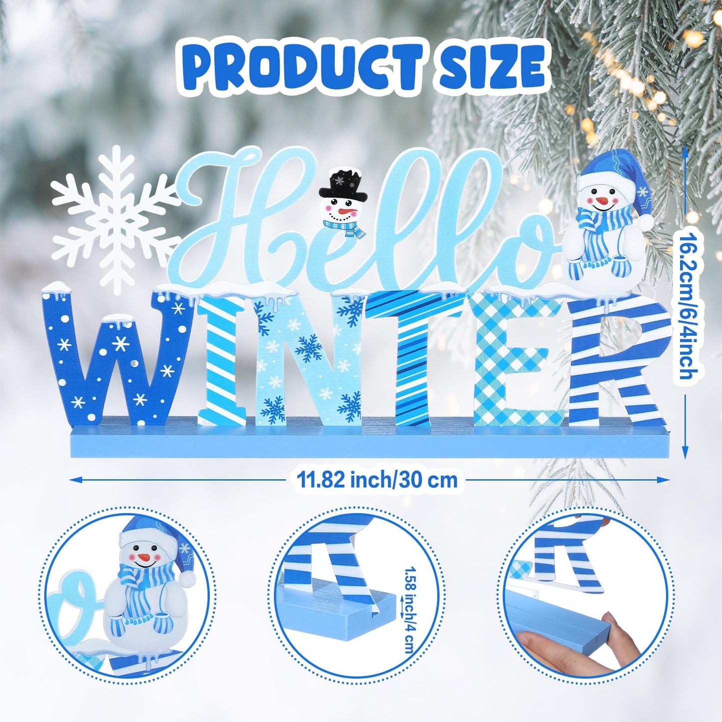 MiniInflat Hello Winter Table Decor Winter Metal Table Sign Christmas Blue Snowman Snowflake Decor with Wood Base for Wonderland Decorations Xmas Home Tiered Tray Mantel Tabletop Centerpiece