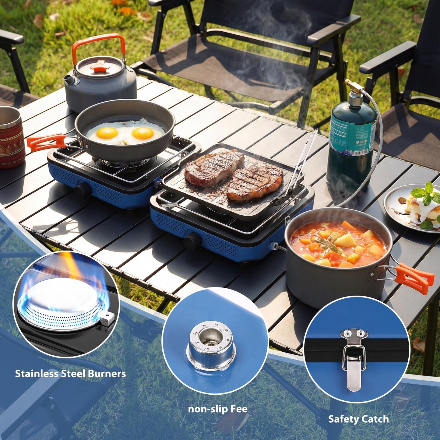 Hisencn 2 Burner Propane Camping Stove, 30000 BTU Foldable Portable Gas Stove with Cookware Set & Carry Bag, Outdoor Cooking for Camping, RV, Emergency Use, Blue