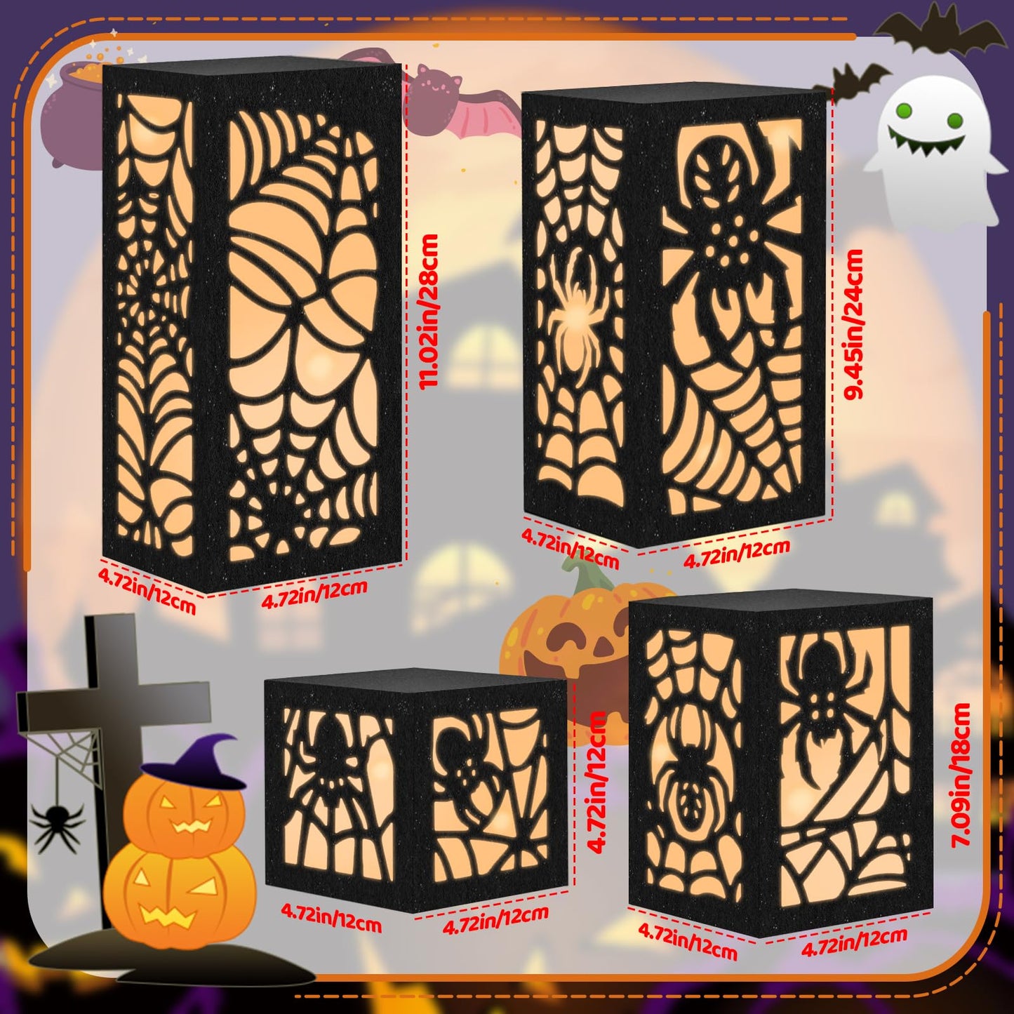 OuMuaMua 4 Pcs Halloween Party Decorations Indoor Halloween Table Centerpieces Boxes, Light up Spider Web Paper Lanterns with Led Lights for Spooky Party Supplies Home Decor