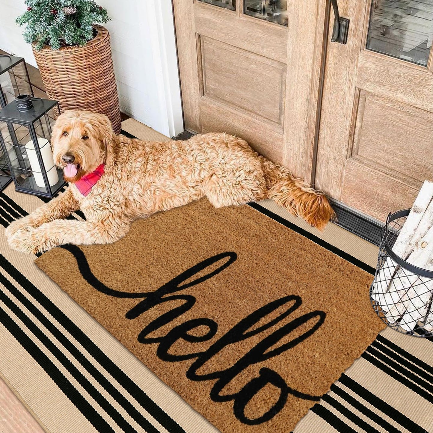 Sungea Black and Khaki Striped Rugs 3x5, Outdoor Cotton Hand Woven Front Door Mat,Washable Reversible Layered Door Mats, Foldable Front Porch Rug for Entryway/Home Entrance/Farmhouse