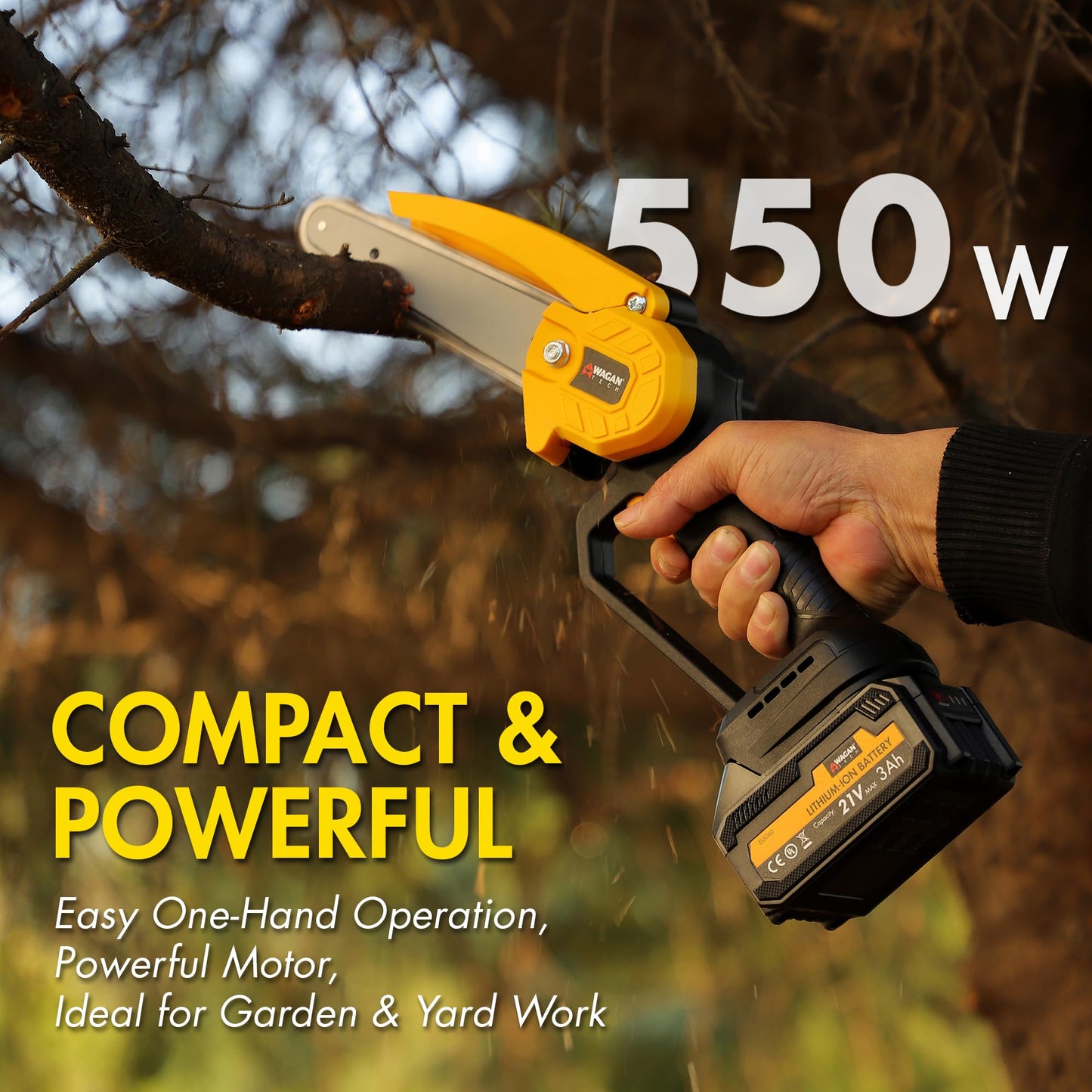 Wagan EL7007 OneVolt Cordless Chainsaw 6, 6-Inch Mini Chainsaw with UL Certified 3.0Ah Rechargeable Battery, Lightweight Handheld Saw for Tree Trimming, Pruning, and Wood Cutting