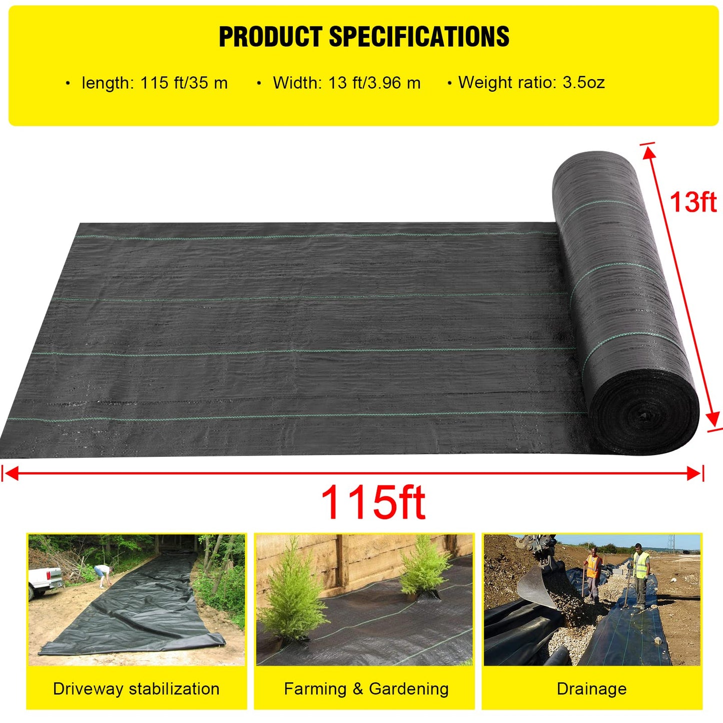 Doniks 13x115ft Driveway Fabric,3.5OZ Commercial Heavy Duty Weed Barrier Fabric, Garden Landscape Fabric,French Drain Fabric for Erosion Control,Landscape Fabric,Weed Barrier,Construction Projects