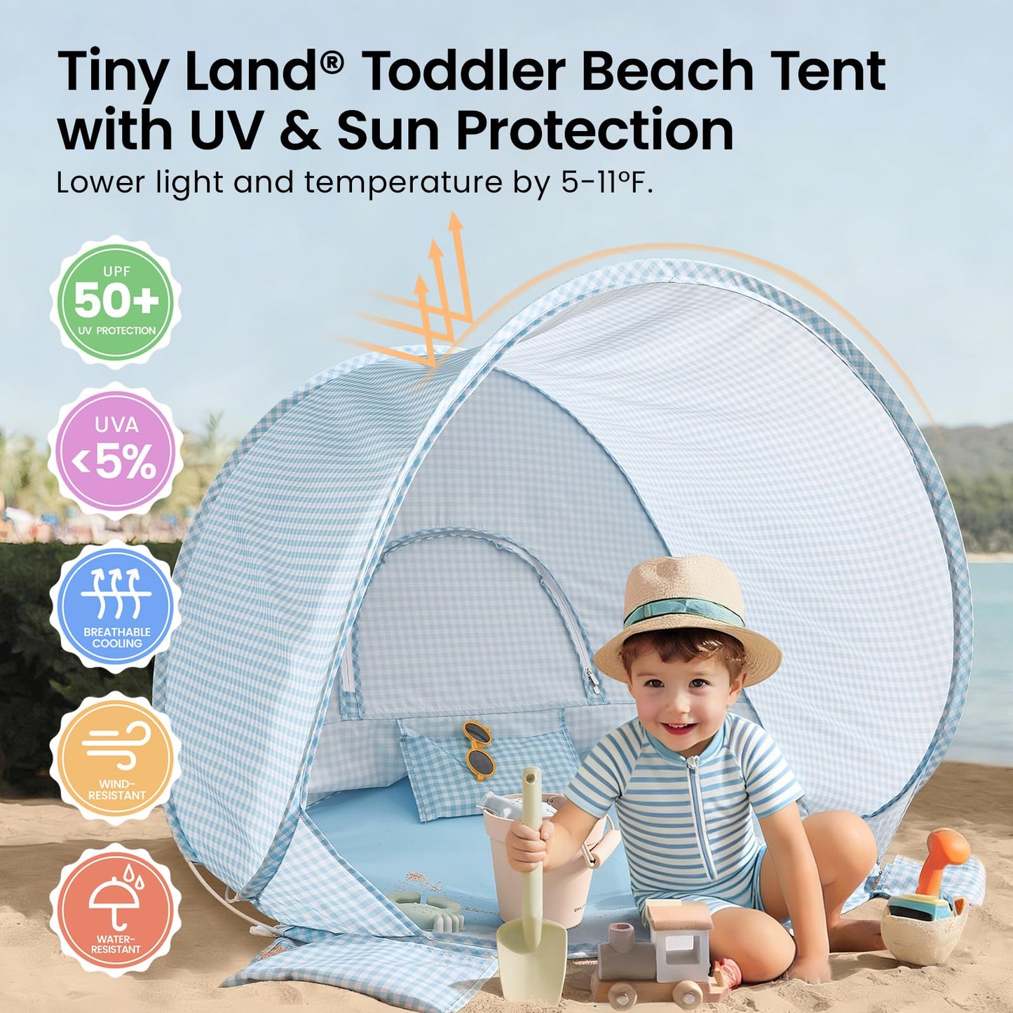 Tiny Land Baby Beach Tent – Pop Up Baby Tent with UV Protection, Portable Baby Beach Essentials, 35.4"x27.6"x31.5" Sun Shelter for Infants, Baby Summer Outdoor Use (Light Blue Gingham)