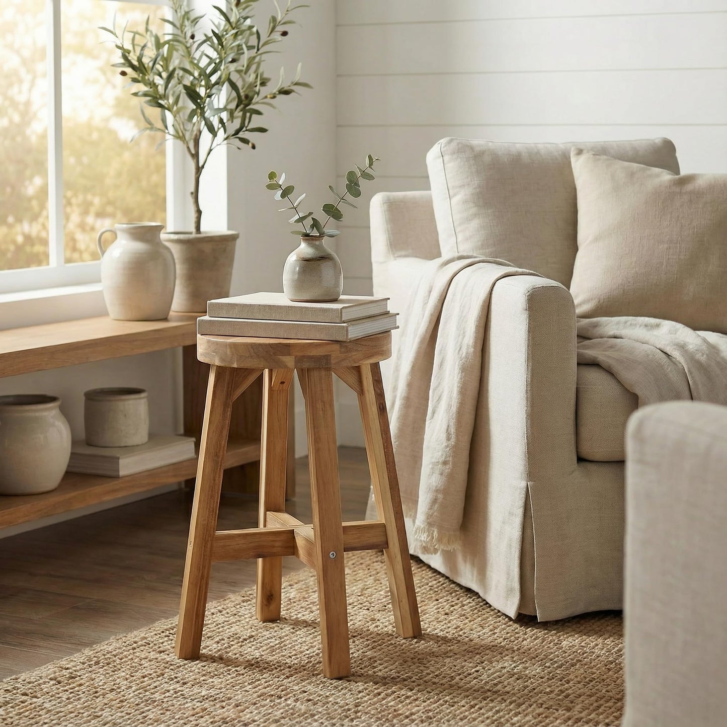 ARROWSTONE Round Stool Acacia Wood, 18" Height, 11'' Round Top, Backless, Easy Assembly, Natural Wax Finish, Wooden Stool for Plant, Dining Room, Kitchen Counter, Makeup
