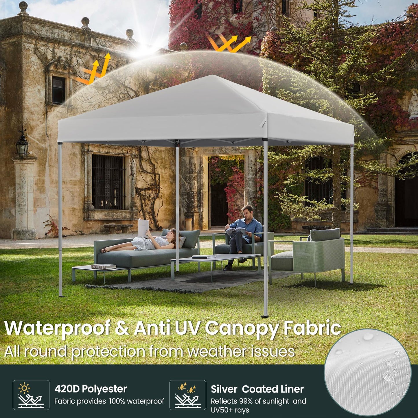 PHONWHON Shades 10x10 Pop Up Canopy, Heavy Duty Beach Tent with Carrying Bag for Easy Moving, Sun Shelter for Parties, Events, Camping, Outdoor Gazebo with 420D PU Coated Waterproof White Fabric