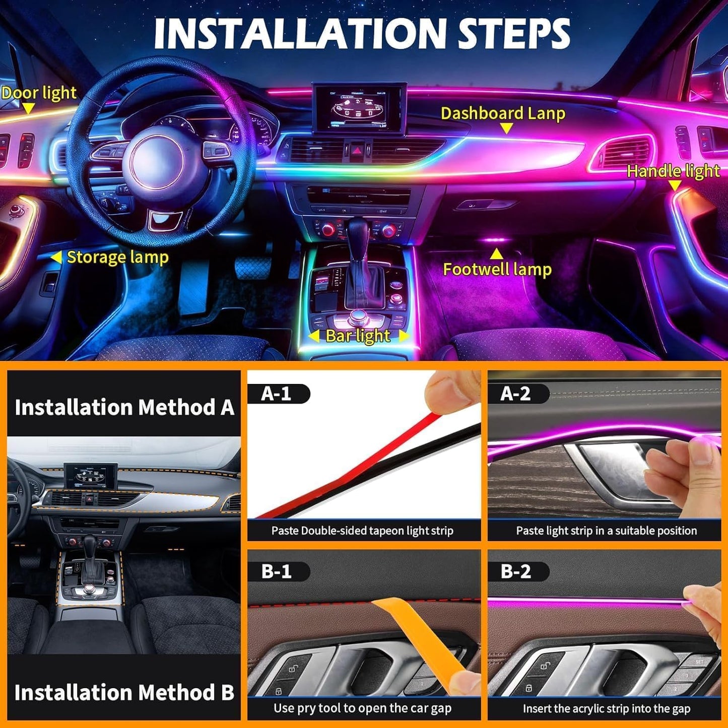 Interior Car LED Strip Lights, Acrylic LED Lights for Car with Dynamic Dreamcolor Chasing, Ambient Lighting Kits Music Sync Wireless APP and RF Remote Control (8 in 1)