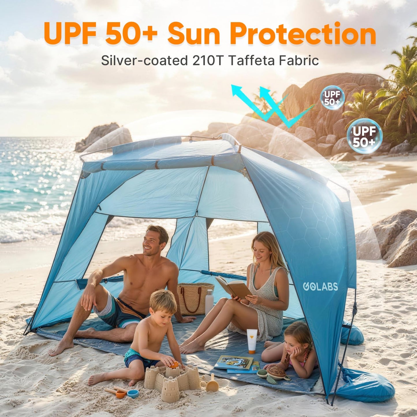 Golabs BT1 Pop up Beach Tent Sun Shelter for 3-Person, 1-Minute Setup by Pre-Attached Pole & UPF 50+, Beach Shade with Detachable Floor Mat, Mesh for Clear View & Airflow, only 7 lbs & Pocket and Hook