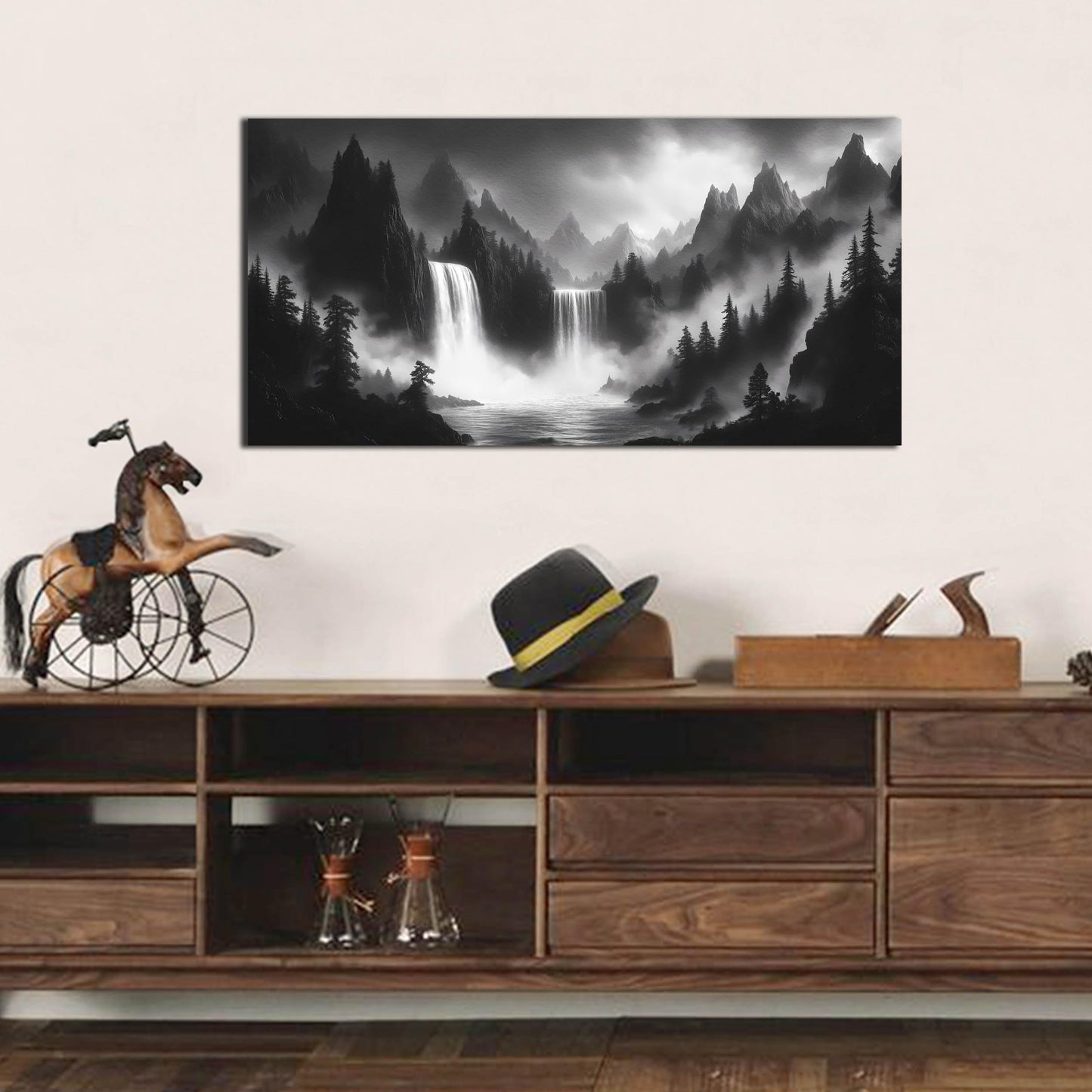 HUBOSKN Mountain Wall Pictures for Living Room Decor - Black and White Wall Art Bedroom - Waterfall Canvas Wall Art for Office Size 20" x 40"