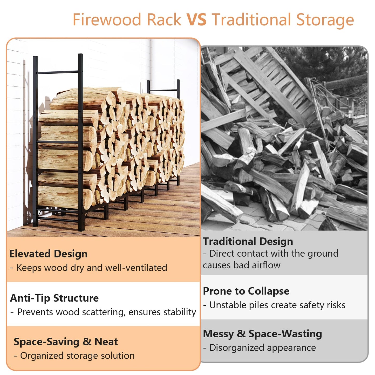 C-Hopetree 8Ft Outdoor Indoor Firewood Rack, Adjustable Metal Log Holder for Fireplace, Heavy Duty Wood Pile Storage Organizer Stacker Stand, Black