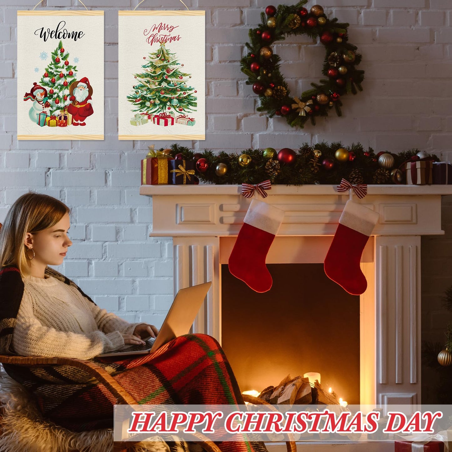 Merry Christmas Wall Art with Wood Poster Hanger Set of 6 Christmas Tree Wall Decor Magnetic Poster Hanger Frames Santa Claus Turkey Snowman Posters Artwork for Wreath Thanksgving Walls Decorations 12x18 Inch