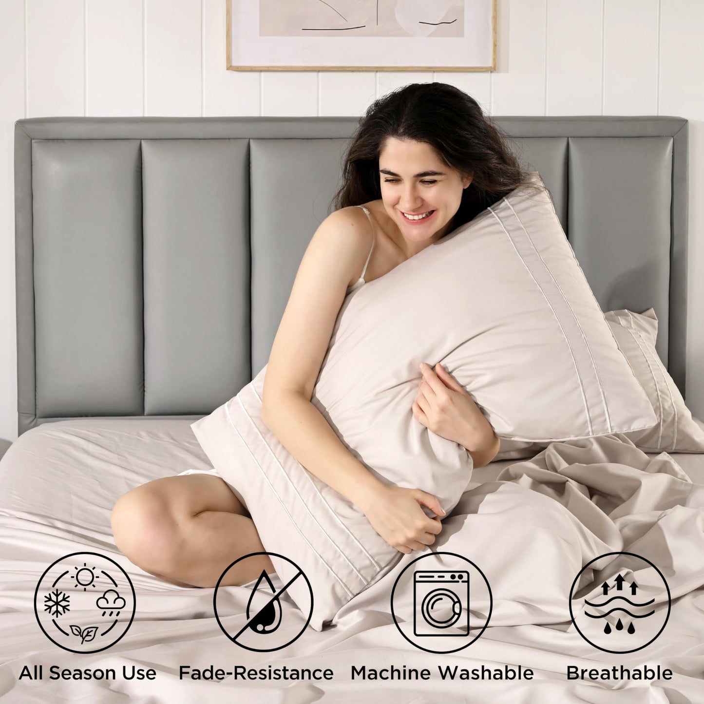 Baskbed Queen Size 4 Piece Sheet Set with Embroidered Pillowcases, Ultra-Soft Microfiber Comfy Breathable & Cooling Bed Sheets, Deep Pocket Fitted Sheets and Hotel Luxury Cozy Flat Sheets, Beige
