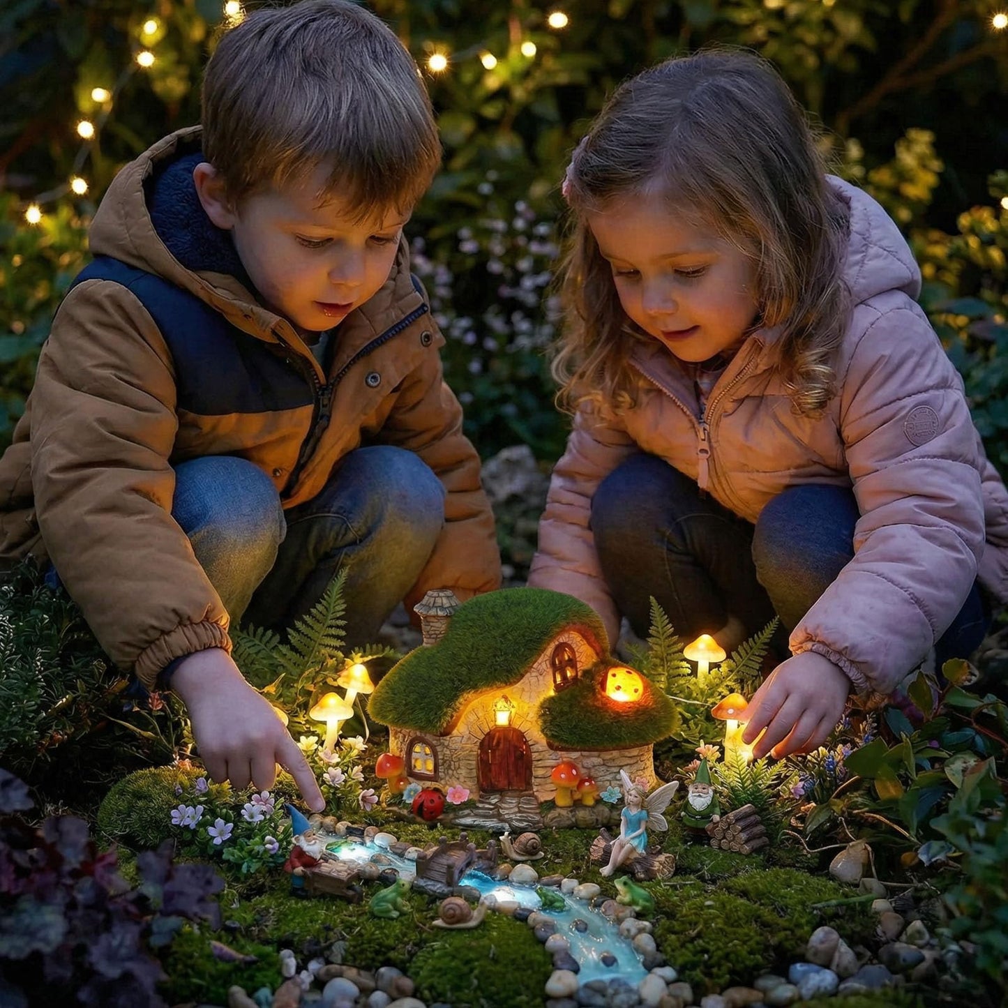 Solar Fairy Garden House Accessories, Outdoor Garden Statues with Ladybug Lights & Mushroom Gardening Gifts for Women, House Sculpture Figurine Outside Garden Decorations for Yard Patio Lawn Decor
