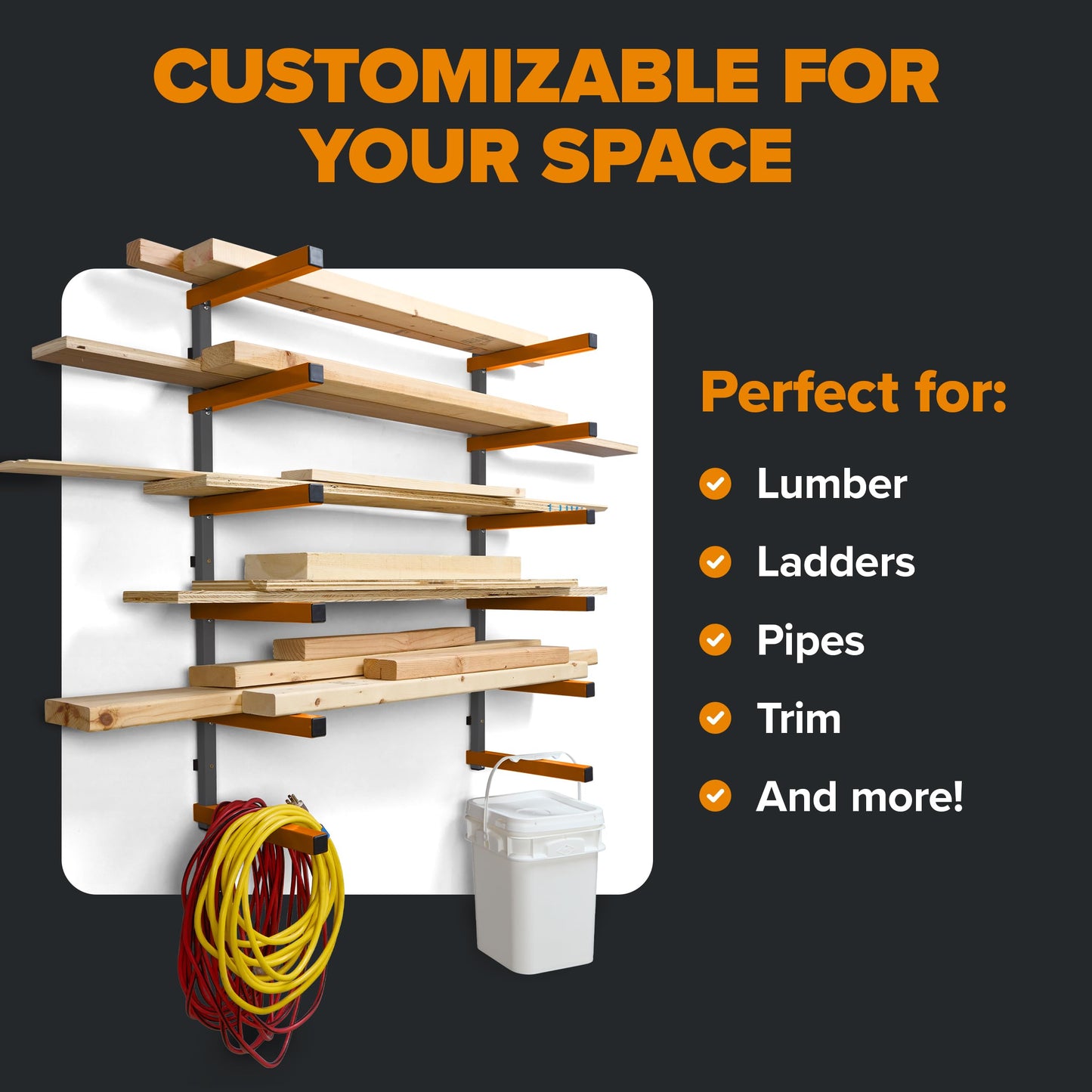Bora Wood Organizer and Lumber Storage Rack with 6-Level Wall Storage Racks – Indoor and Outdoor Use, In Orange PBR-001