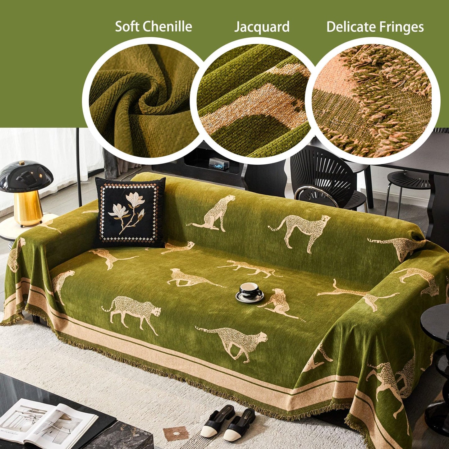 EvaLoome Chenille Sofa Cover with Tassels, Non-Slip Couch Cover for 3/4 Seat Sofas, Washable Furniture Protector for Pets & Kids, Modern Leopard Pattern Chenille Blanket (Green, 71"x165")