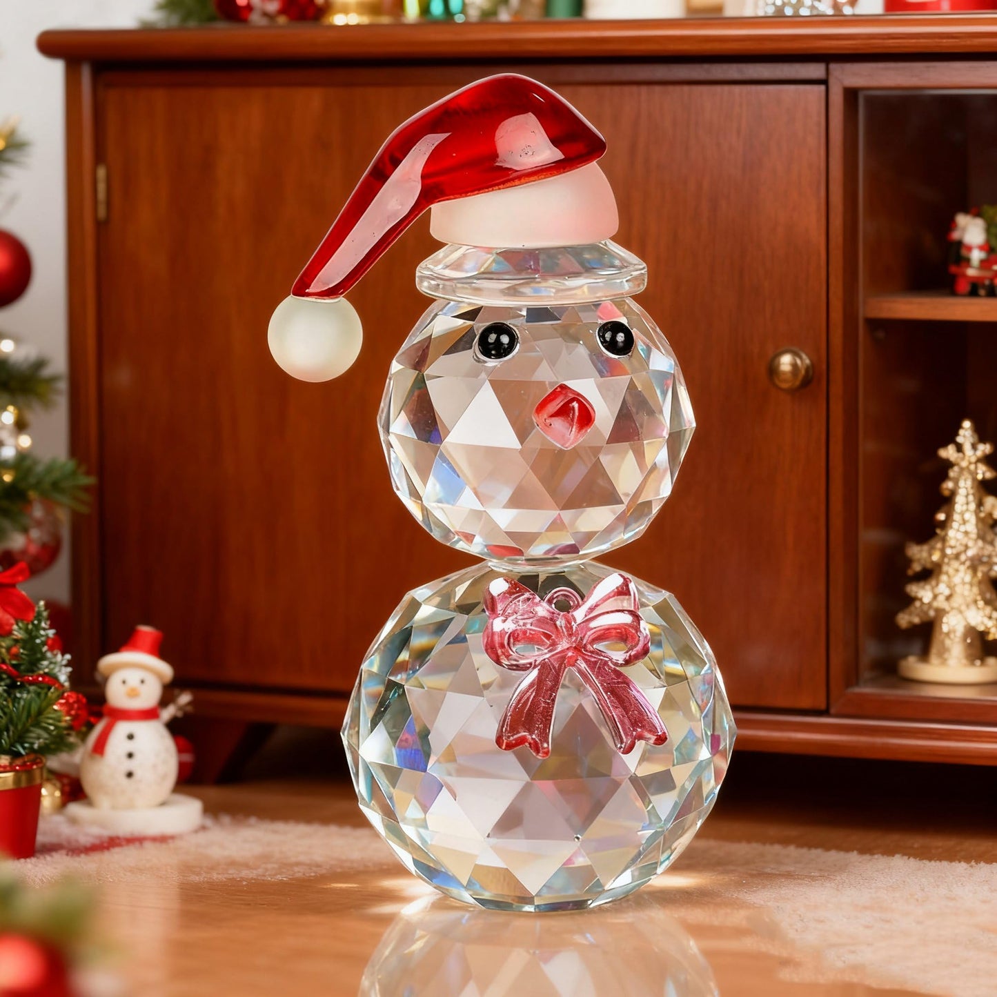 vskikris Christmas Snowman Figurine - Sparkling Crystal Snowman Figurine Decorations Christmas Glass Figurine Ornament with Red Hat, Festive Table Decor Xmas Gift & Collectible Paperweight