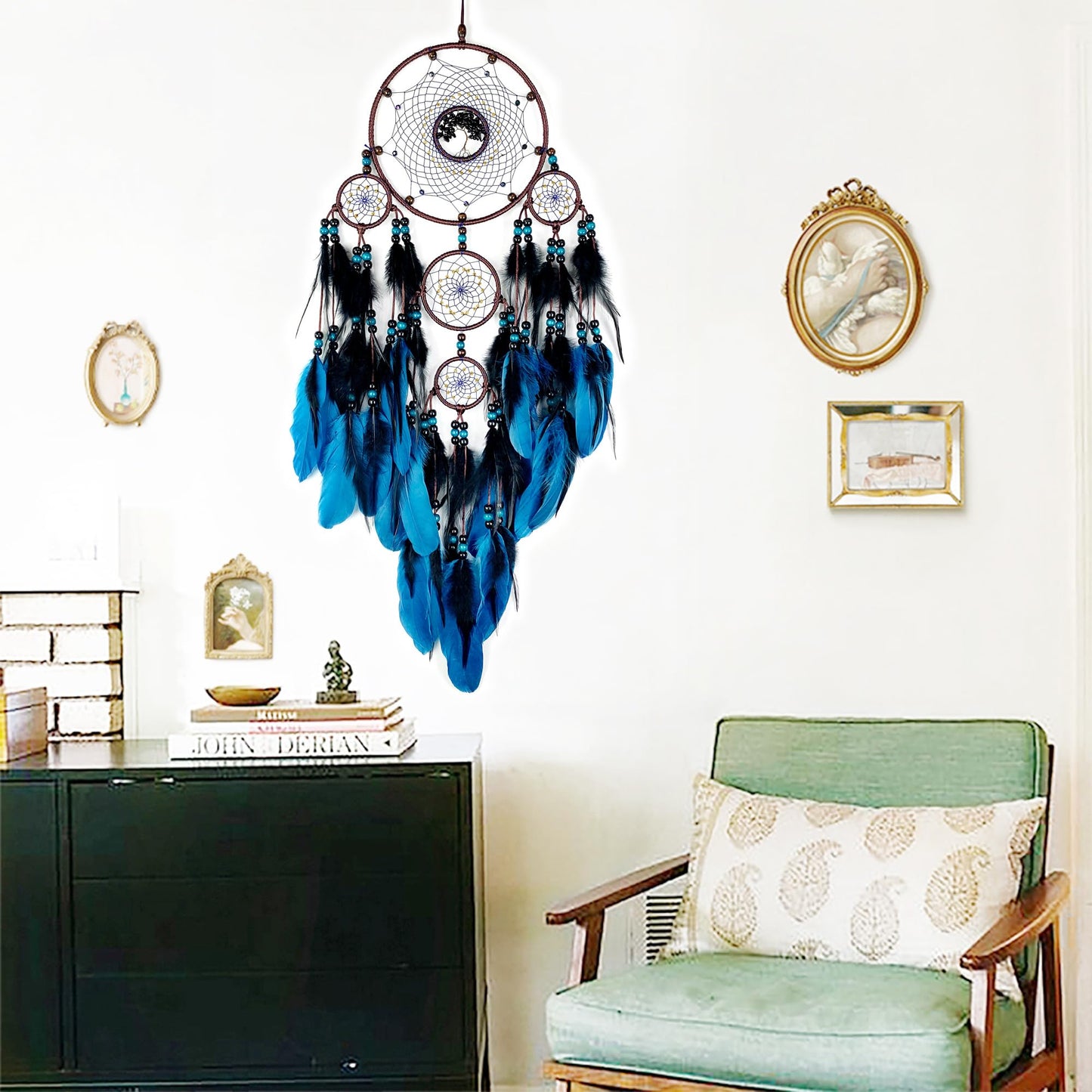Large Dream Catchers, Boho Handmade Woven Blue and Black Dream Catcher Wall Hanging Ornament for Bedroom Living Room Adults Wedding Party Decor, Festival Blessing Gift (Blue & Black)