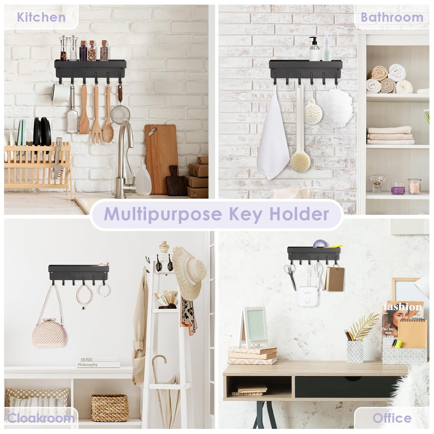 VIS'V Key Holder Wall Mount, Compact Adhesive Key Rack with Tray, 6 Hooks, 2 Mount Options, Black