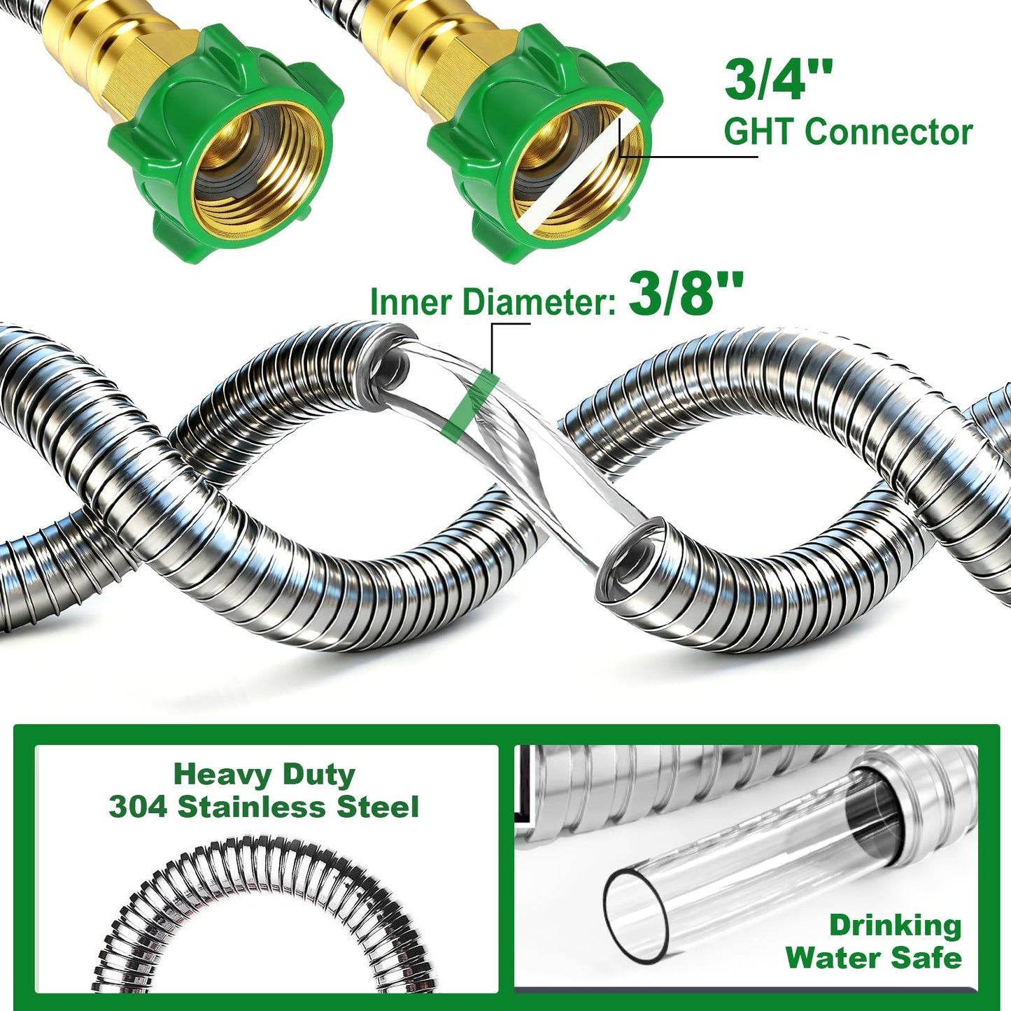 Female to Female Short Garden Leader Hose 4FT,Metal Hose Reel Connecting Hose,Stainless Steel Hose Connector for Hose Reel,Flexible,Kink-Free & No Leak Outdoor Water Pipe Extension Adapter